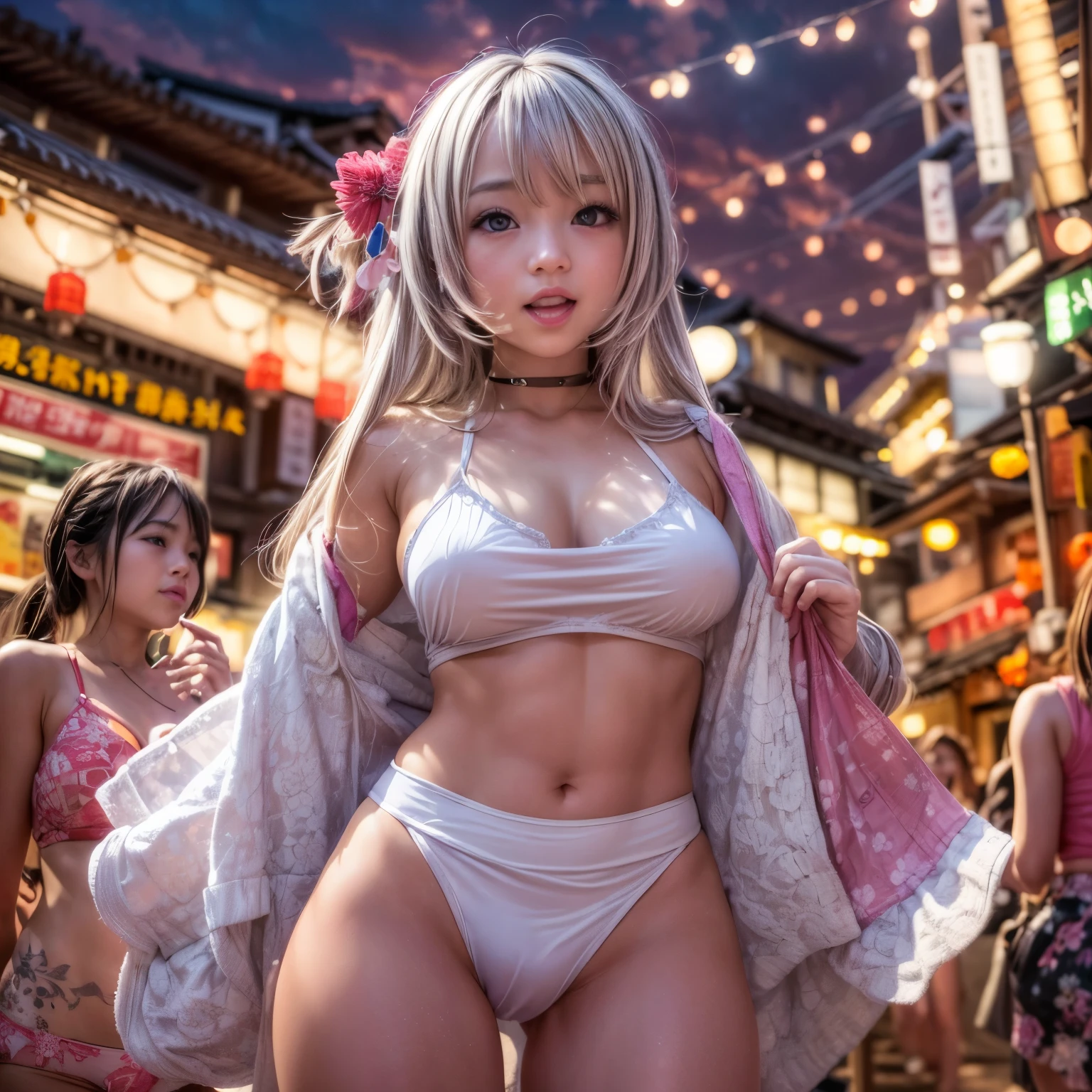 ((NSFW:-1)), (((nipple:-0.99))), ((Acutance:0.85)), (((from below)), The Sky takes up more than third of the composition ) . The background is the downtown area at (Twilight:1.4), (((Red-dyed clouds above hed:1.3))), { (many colorful Lights:1.2) | lens flare | Burning | heyz | (luminous Particles) | Mystic sight } . (Masterpiece:1.2) of professional Analog photo with Hasselblad, (((realistic and photorealistic with touch of rawness:1.37))), physically-based 3D rendering with ultra-detailed. ((( A KAWAII girl in WHITE Fundoshi, at Hakata Gion Ymakasa Festival ))) . (((from below:1.2, bokeH))), Assfocus and she looking ahead .