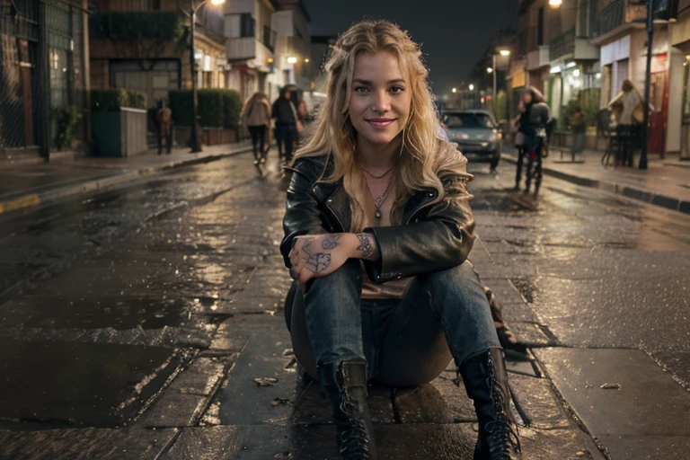 ((best quality)), ((masterpiece)), (detailed), perfect face, rose flower tattoo on shoulder, beautiful woman, blonde hair, 4k, beautiful smile, Looking at ground, long messy windy blonde hair, Full body, a necklace, leather jacket, Realistic, at night, black jeans, leather boots, wet hair, seated on the street, rain, ugly street, Tijuana street 