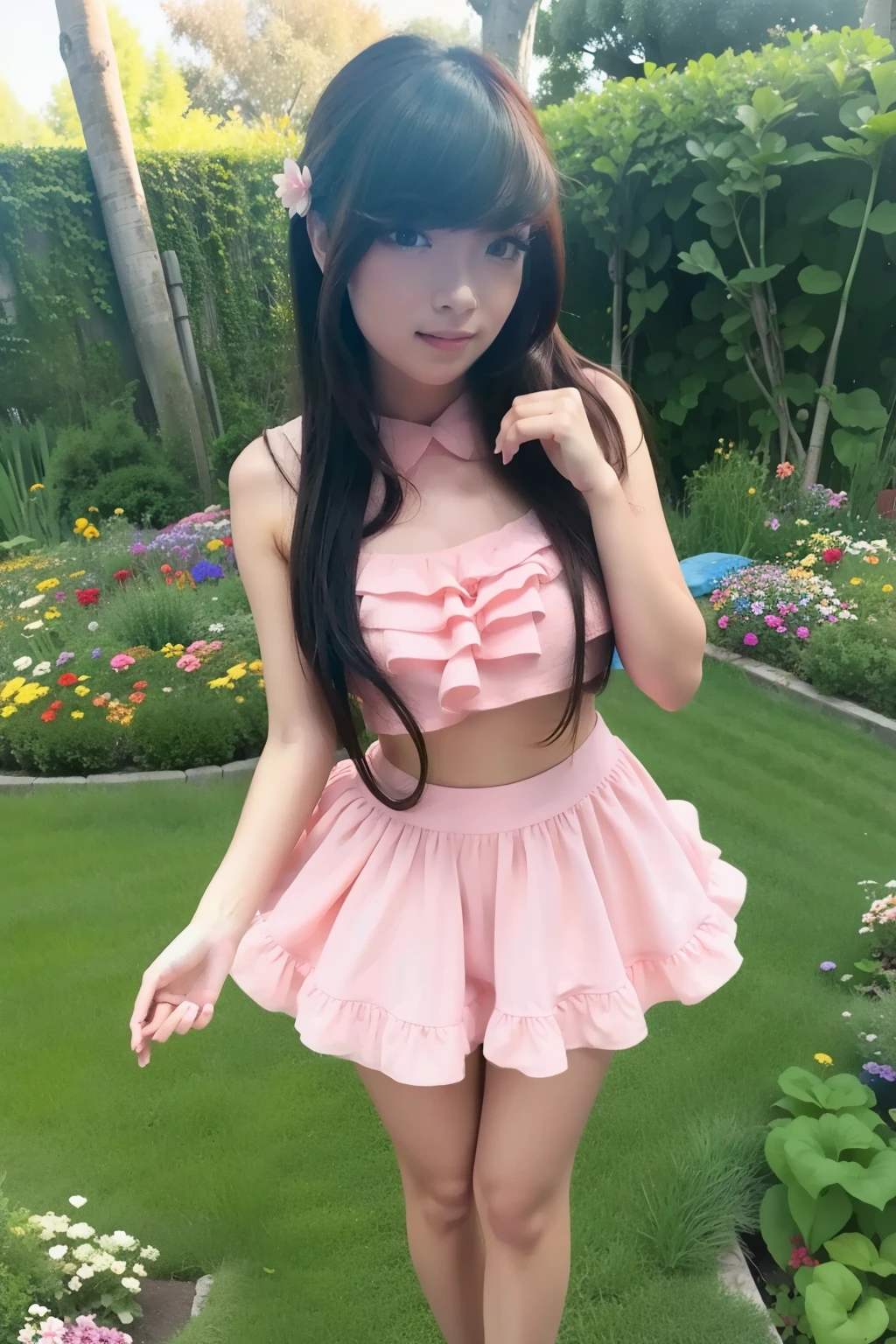 woman, pink mini dress, open chest, up skirt Smooth thighs, standing style feminine, at the garden with flower plants, long black hair, little smile, red polish nails, heels, beautiful face, high quality, photorealistic, masterpiece, full body