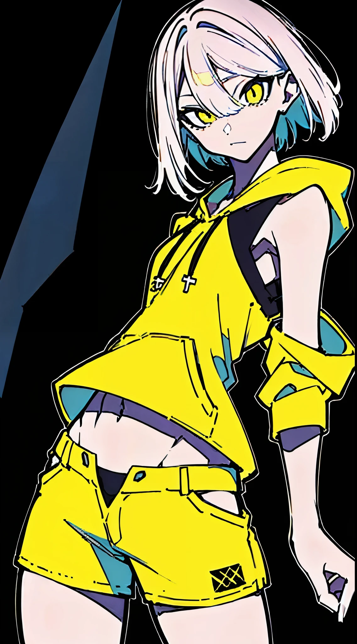 (masterpiece, highest quality:1.6), alone, thick outline, (simple background, Dark yellow background, monochrome, dark yellow theme:1.2), official art, Key Visual, 8K, disorganized, whole body, (Unique hair, Oversized Hoodies, hot pants, arch back, short torso:1.2), belly button, thighs, cowboy shot, HDR, sharp focus, High resolution, most detailed, very detailed, Super detailed, finely, detailed eyes and face, sharp pupils, realistic student