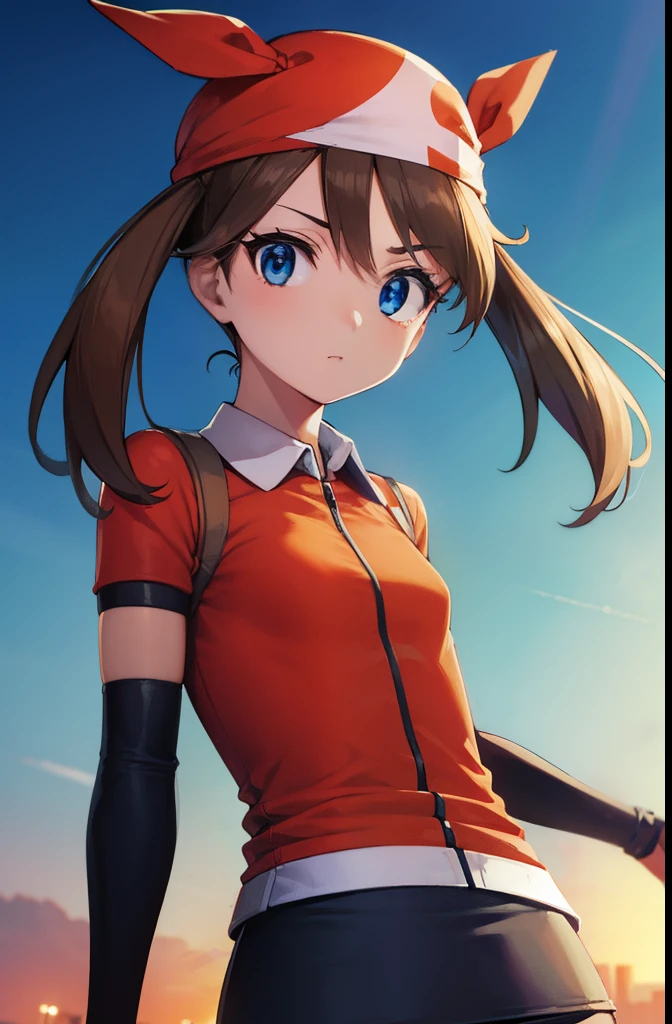 pokemonmay, pokemonmay, blue eyes, brown hair, bandana, long hair, red bandana, twintails, hair between eyes, (small breasts:1.2),
BREAK bike shorts, collared shirt, gloves, microskirt, multicolored shirt, pencil skirt, red shirt, shirt, short sleeves, skirt, white skirt,
BREAK looking at viewer, upper body, full body,
BREAK outdoors, city, sky, sun,
BREAK (masterpiece:1.2), best quality, high resolution, unity 8k wallpaper, (illustration:0.8), (beautiful detailed eyes:1.6), extremely detailed face, perfect lighting, extremely detailed CG, (perfect hands, perfect anatomy),