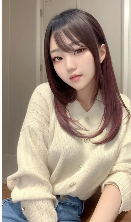 photo-realistic,Super adopted,1 young beautiful korean girl, Distant gaze, ah,Hip-hop style clothing,Round young face,full accesories,Big, clear and gentle eyes,long eyelashes,slim waist,light macup,neat teeth, Slightly Smiled. colored hair,  Upper body, (Low - Angle),18-year-old 