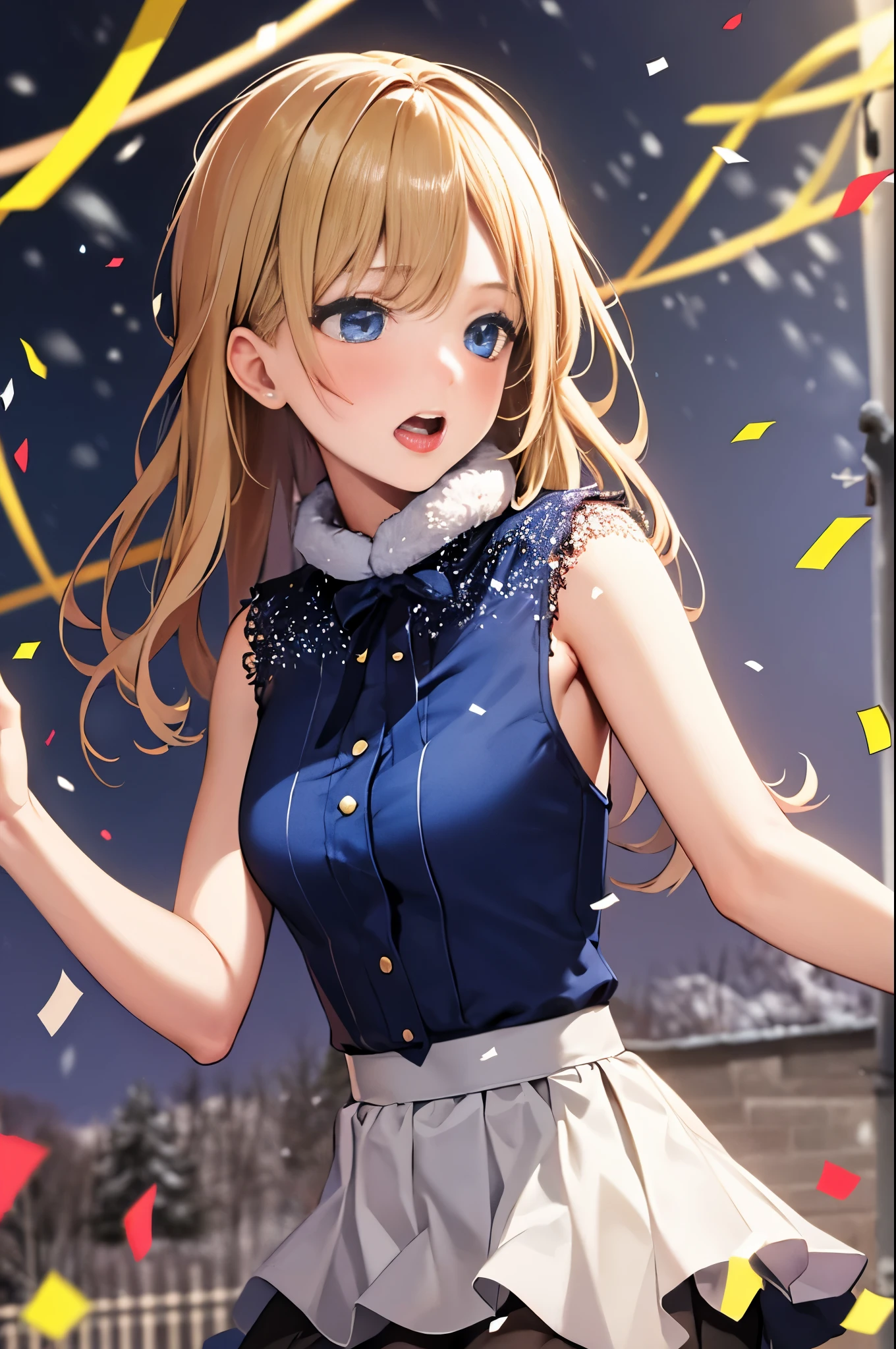 1 girl, long hair, blonde hair, blue eyes, winter, snow, winter, 1girl, singing, live stage, confetti, skirt up
