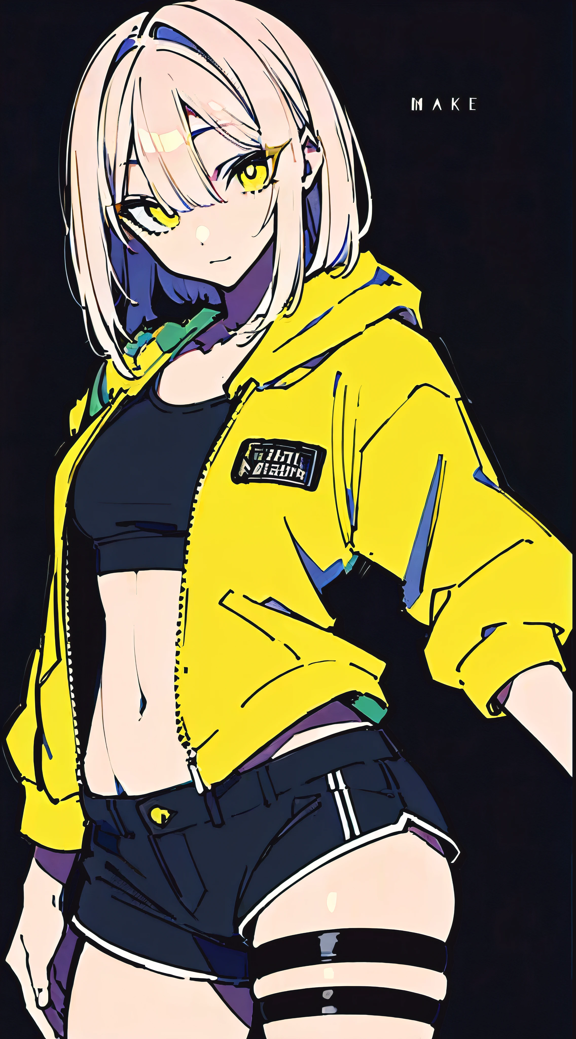 (masterpiece, highest quality:1.6), alone, thick outline, (simple background, Dark yellow background, monochrome, dark yellow theme:1.2), official art, Key Visual, 8K, confused, whole body, (Unique hair, oversized hoodie, hot pants, arch back, short torso:1.2), belly button, thighs, cowboy shot, HDR, sharp focus, High resolution, most detailed, very detailed, Super detailed, finely, detailed eyes and face, sharp pupils, realistic student