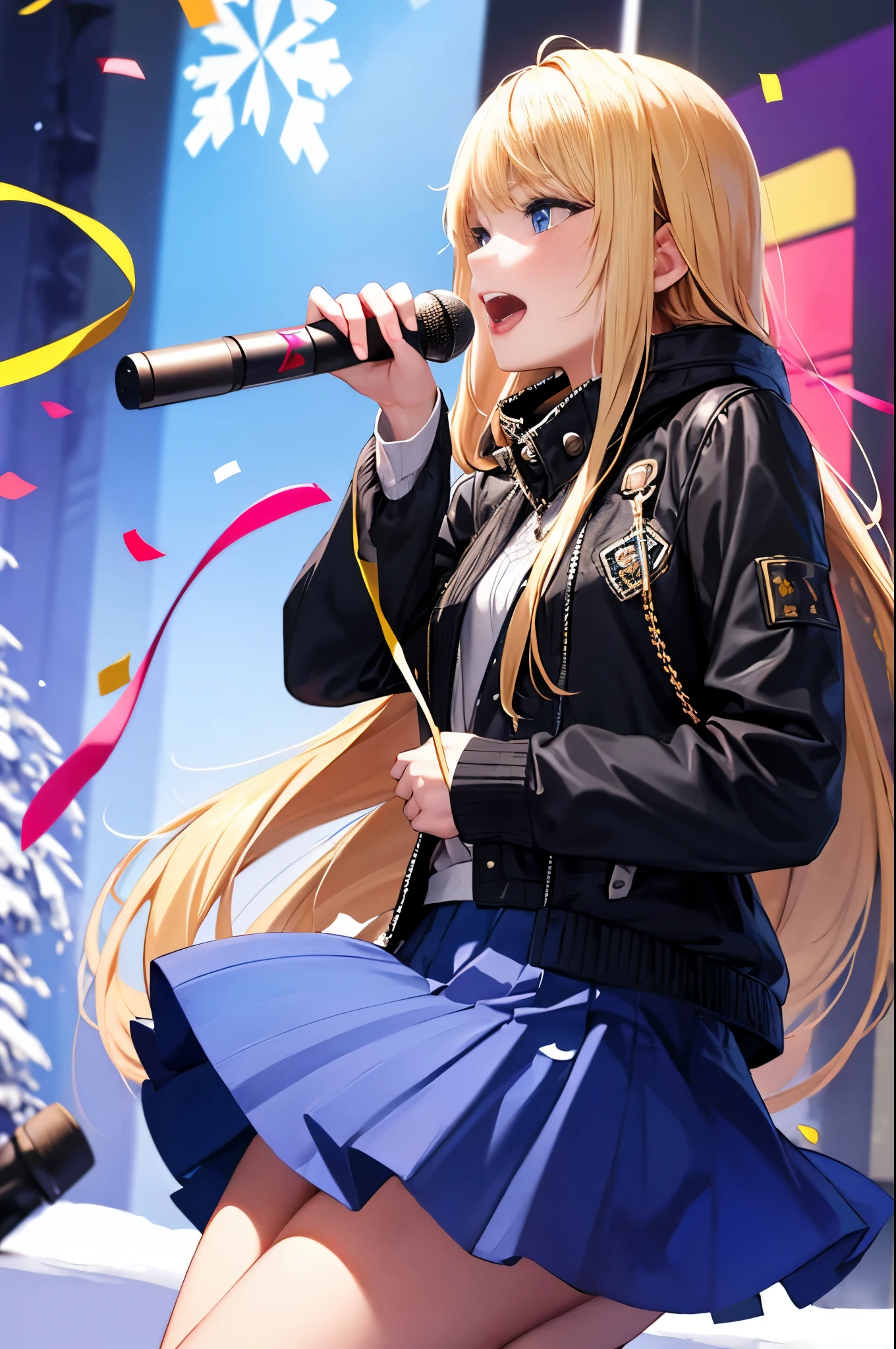 1 girl, long hair, blonde hair, blue eyes, winter, snow, winter, 1girl, singing, live stage, confetti, skirt up