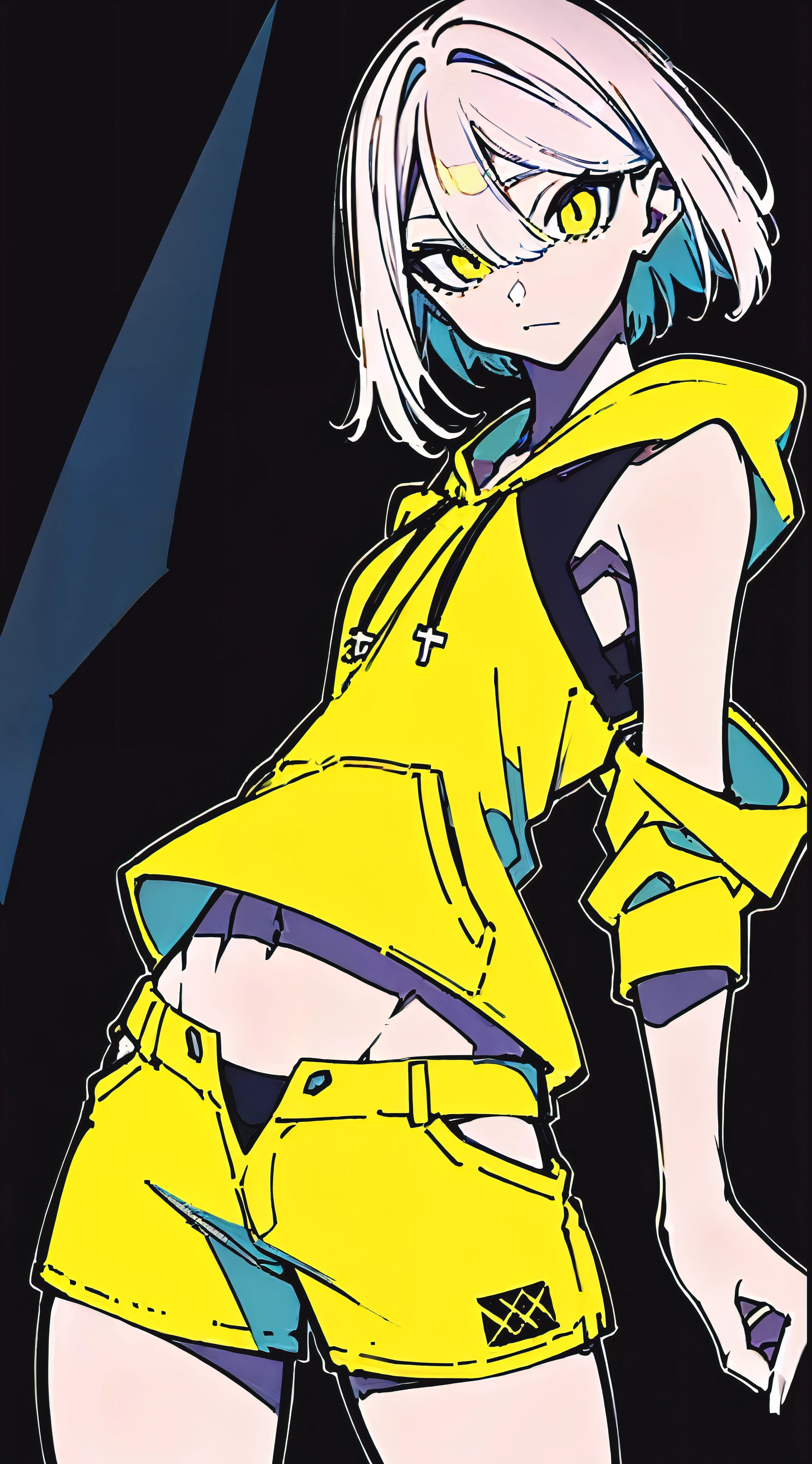 (masterpiece, highest quality:1.6), alone, thick outline, (simple background, Dark yellow background, monochrome, dark yellow theme:1.2), official art, Key Visual, 8K, confused, whole body, (Unique hair, oversized hoodie, hot pants, arch back, short torso:1.2), belly button, thighs, cowboy shot, HDR, sharp focus, High resolution, most detailed, very detailed, Super detailed, finely, detailed eyes and face, sharp pupils, realistic student
