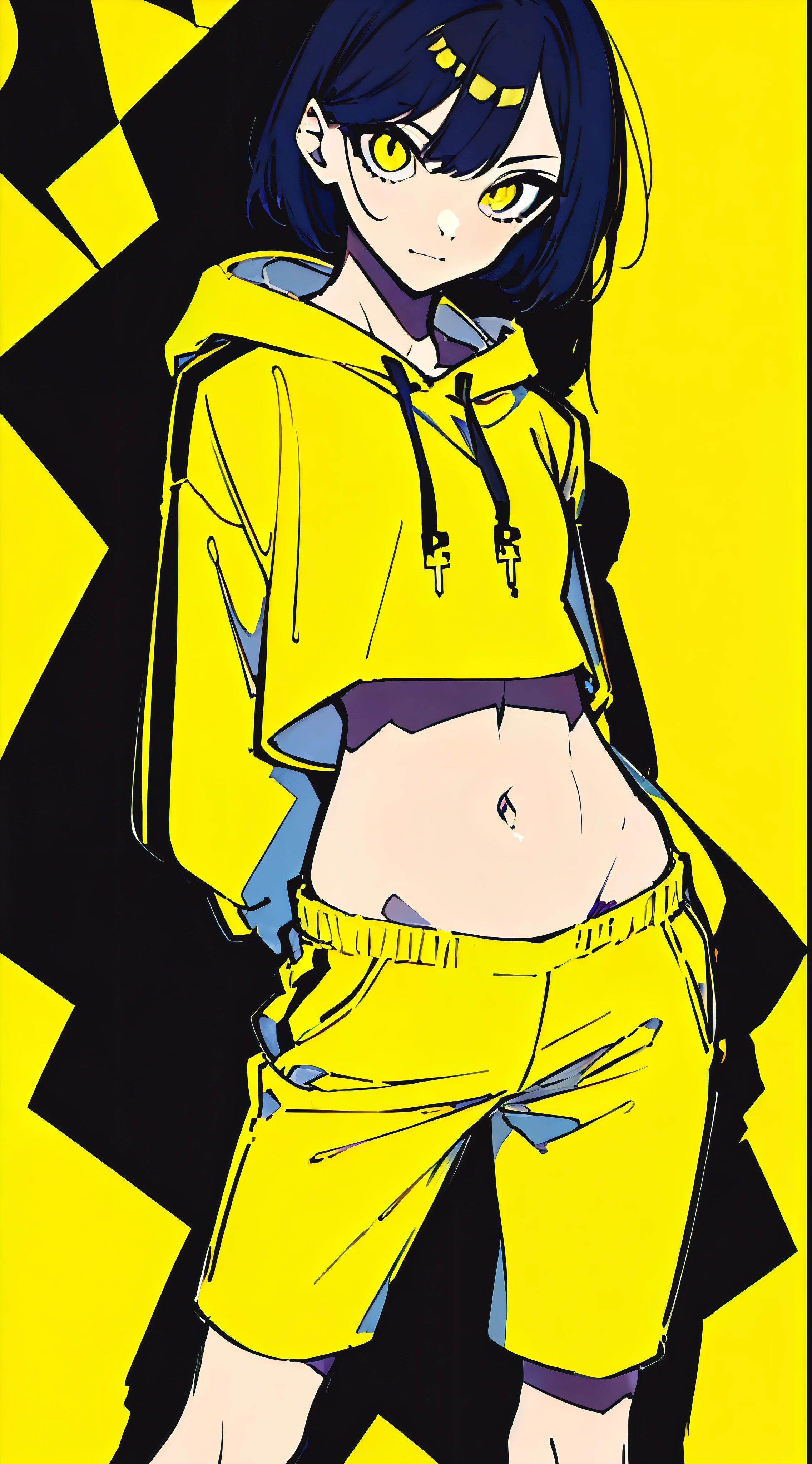 (masterpiece, highest quality:1.6), alone, thick outline, (simple background, Dark yellow background, monochrome, dark yellow theme:1.2), official art, Key Visual, 8K, confused, whole body, (Unique hair, oversized hoodie, hot pants, arch back, short torso:1.2), belly button, thighs, cowboy shot, HDR, sharp focus, High resolution, most detailed, very detailed, Super detailed, finely, detailed eyes and face, sharp pupils, realistic student