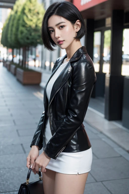 8K, highest quality, ultra detail, ultra high resolution, masterpiece, random angle, thin, smile, (compensate: 0.4), (fluffy black eyes: 1.21), ((whole body)), girl, alone, (( whole body)), (((fit the body))), (((slim face))), sharp face, clear eyes, (((black hair, short hair, )) , sharp face, small lips, thin lips, big breasts, detailed, big, perfect body, detailed leg, (( Asahi)), Urban streets、30 years old , Long black leather boots 、white tight skirt 、white blouse 、black blazer 、Departure Lobby 、Are standing、