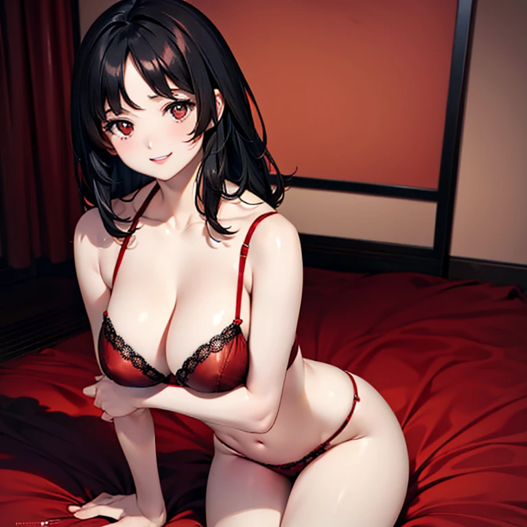 Black hair, brown eyes, large breasts, sexy, beautiful body, masterpiece, red lingerie, red underwear, red bra, smile, bedroom