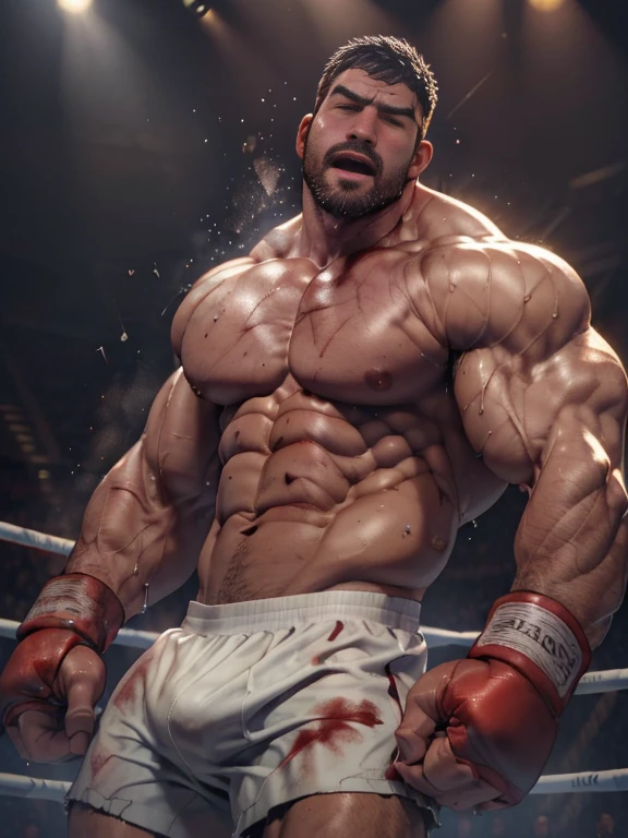 3D Photorealistic, Masterpiece realistic, best high quality, perfect details, RAW Photo, intricate details, nice lighting, 4K, detailed background, In the championship boxing match, A determined muscular boxing champion 45-year-old man, perfect wrinkle wearing pure white boxing trunk and red boxing gloves. wide abs (wide abs:1.4). Crowded audiences and nice lighting, nice face lighting, serving a boxing battleground. Unnoticed by the world beyond. It's a fight born of pride, rivalry, or perhaps a deeper conflict and pride, and it rages on with an intensity that can only be found in the unforgiving boxing stadium of the city. Intricate details, details of physic muscle, perfect body anatomy, perfect hand anatomy. hot beard, (look at viewer:1.6), (straight face:1.2), view from bottom (view from bottom:1.7), mouth open (mouth open:1.2), destroyed (destroyed:1.8), exhausted (exhausted:1.9), dominated (dominated:1.8), bruises (bruises:1.9), shirtless (shirtless:1.9), bodily fluid (bodily fluid:1.8), weaken body (weaken body:1.9), bruised body (bruised body:1.99), bruised abs (bruised abs:1.99), bloody abs (bloody abs:1.9), groaning, vomiting, puking, blood puking, blood vomiting (blood vomiting:1.8), saliva puking, saliva vomiting (saliva vomiting:1.79), tired (tired:1.79), enfeeble (enfeeble:1.89), erode (erode:1.89).