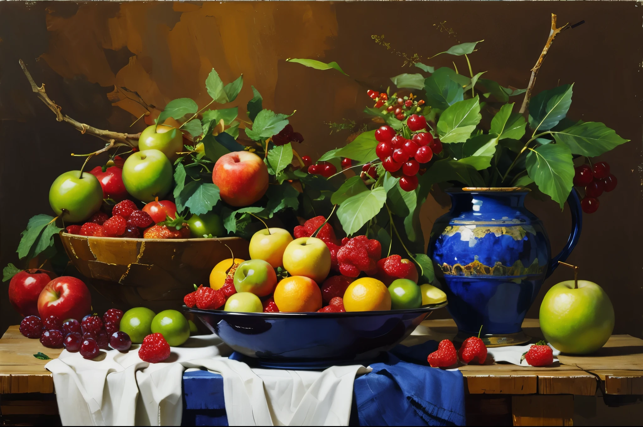 Painted with careless brush strokes, the vibrant colors convey a beautiful composition of fruit on a table. A masterpiece, the texture of paint on canvas.