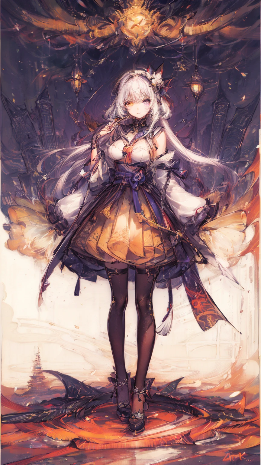 Sfw,1girl,solo,female photo,wearing katana sword,(heterochromia,purple eye,yellow eye),((with white fox)),((big breasts)),beautiful face, navy long hair, sailor suit,mini checked skirt,mysterious mood,in the night,moolight,best quality, high quality, masterpiece, HD,4K,8K 