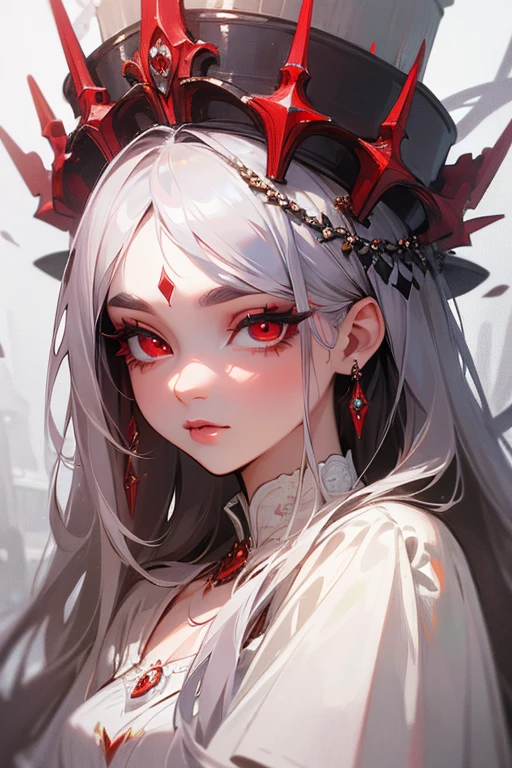 (highest quality, masterpiece:1.2), High resolution, Super detailed, realistic:1.37, fantasy, An illustration, red eyes, Queen, white dress.Platinum decoration、beautifully、Eyeshadow Red、Dark eyebrows、long eyelashes、Pupils are black