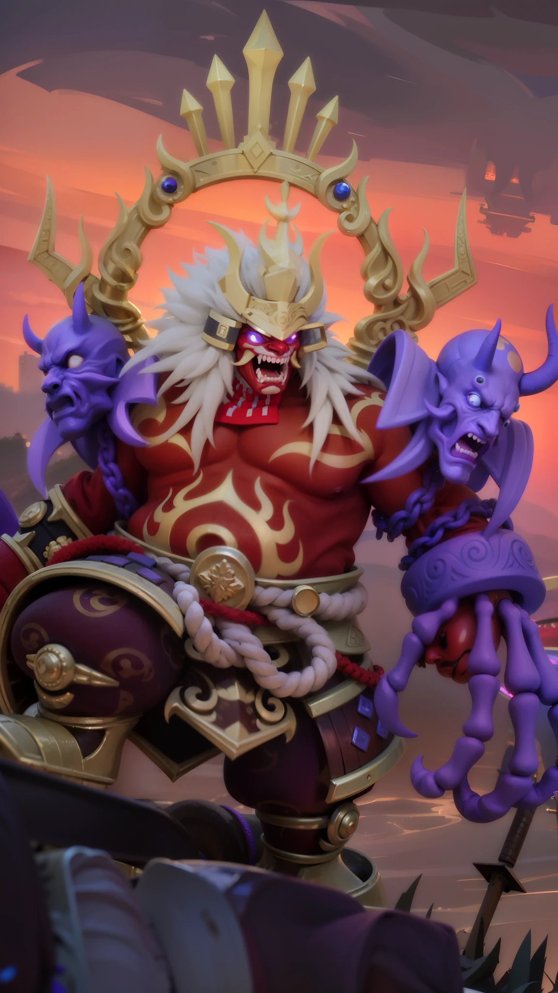 masculine male, masterpiece, ((perfect eyes)) best quality, (semirealism:1.9), beautiful lighting, (extremely detailed CG unity 4k fhd wallpaper), High Detail, Sharp focus, dramatic outdoors,40 years old, brown short hair, blue eyes, smile, Boy with two big horns, big earrings on ears, elf ear, red eyes, Thick eyebrows, evil smile, grinning,red body, red face, Burning skin, yellow diamonds glistening on chest, burning red skin,golden robe behind, big white belt , 8k , realistic, scary.