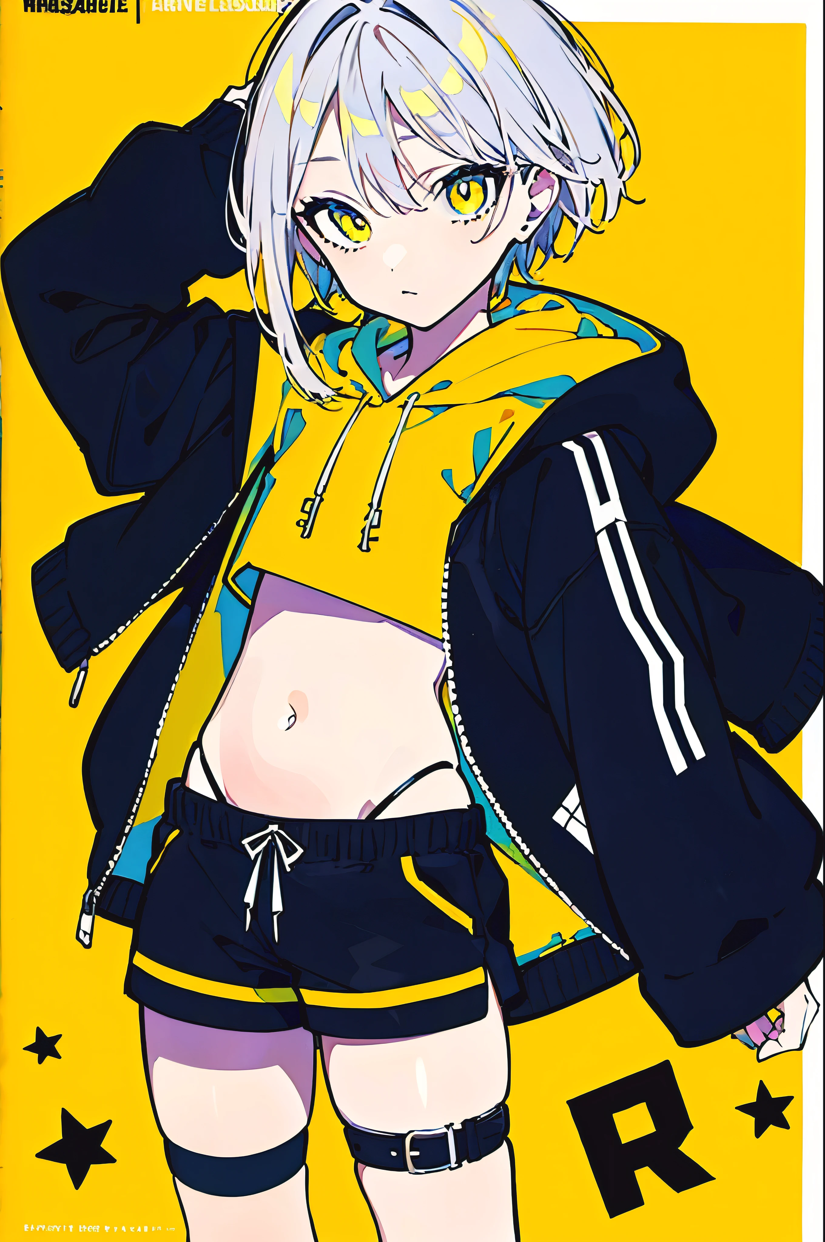 (masterpiece, highest quality:1.6), alone, thick outline, (simple background, Dark yellow background, monochrome, dark yellow theme:1.2), official art, Key Visual, 8K, confused, whole body, (Unique hair, oversized hoodie, hot pants, arch back, short torso:1.2), belly button, thighs, cowboy shot, HDR, sharp focus, High resolution, most detailed, very detailed, Super detailed, finely, detailed eyes and face, sharp pupils, realistic student