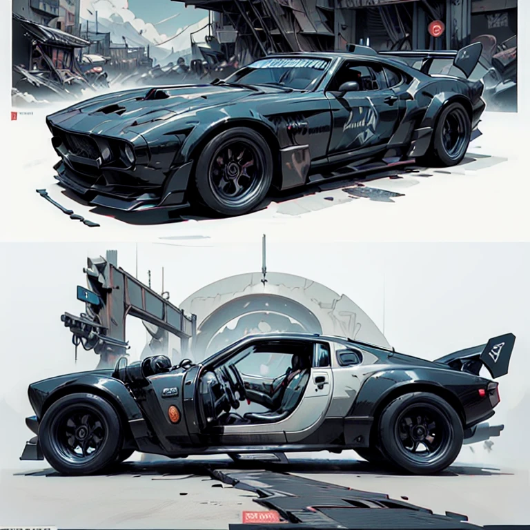 Cool sports cars - post-apocalypse, cyberpunk. Geometry. Highest quality, masterpiece. Image of sports cars. 3D rendering, visualization of a composition from complex fractals. Fantastic composition. Scenery for a science fiction film. Stylization Anime, cyberpunk, comics. The image is stylized as a hand-drawn comic book. Clear graphic outline, color fill. Depth of colors, warm light, cold shadows. Technological forms, cybernetics, electronics, wires. High image quality, 8K | Ultra HD | Full HD, cinematic comic book, 3D _in comic style - linear stroke, color fill, high-quality stroke - a masterpiece, TOP computer graphics ART. 8K, dark lighting, strong shadow. (vivid, anime, comic, creative, sharp focus, 8K).