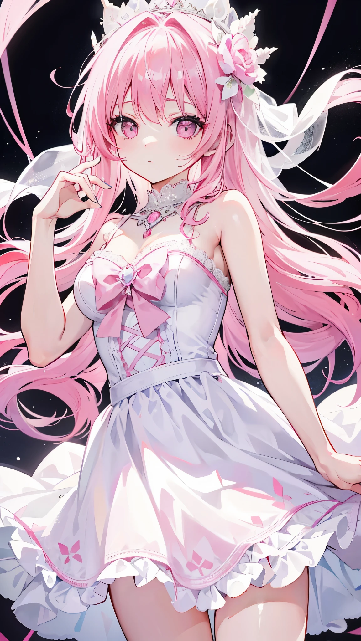 one with pink hair，pupil，White and looming，Dresses that resemble wedding dresses，This dress is decorated with many pink bows，Pair it with a dazzling silver necklace，is a cute, Sweet and cute black stockings