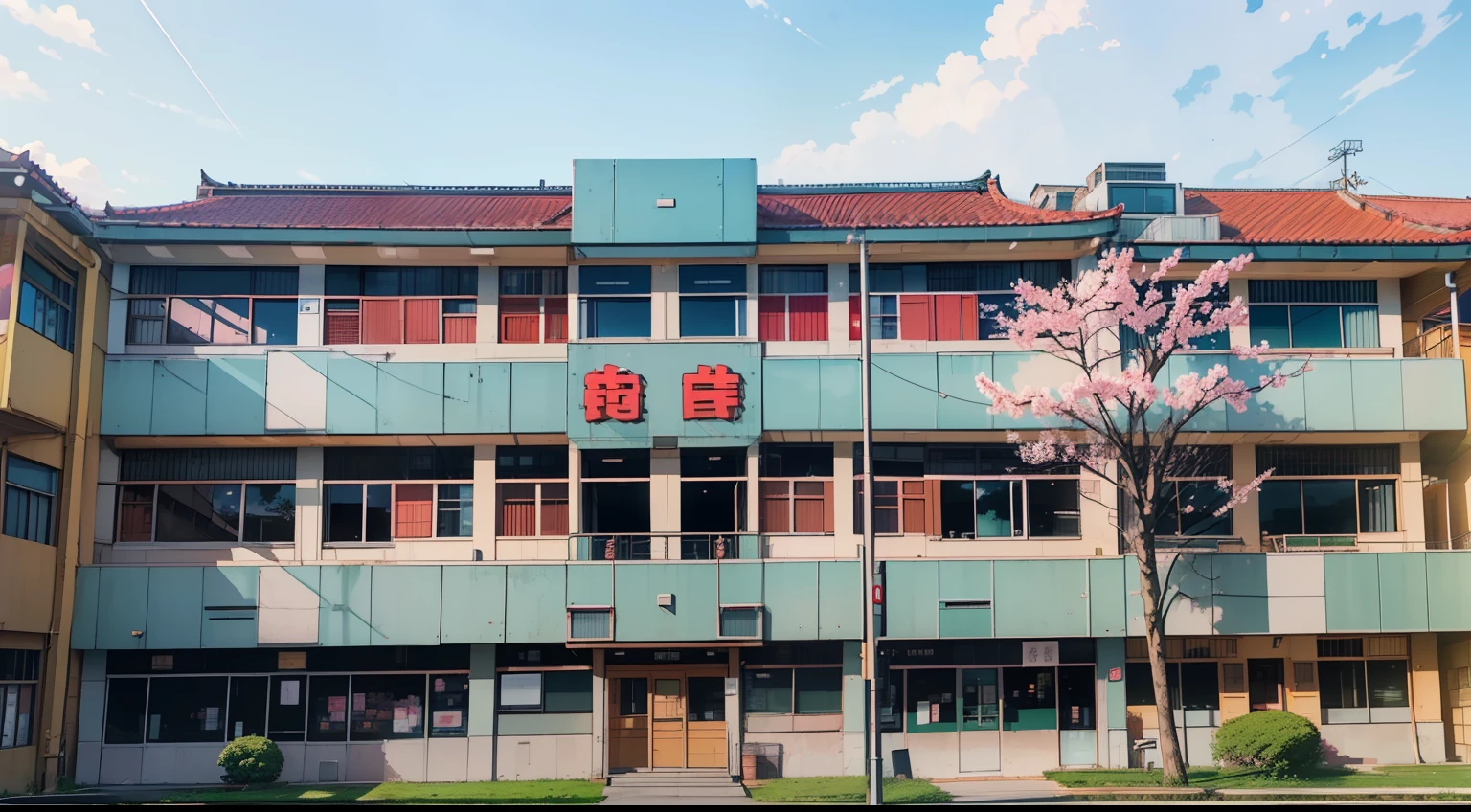 (best quality:1.2),ultra-detailed,(realistic,photorealistic,photo-realistic:1.37), perfect anime illustration, high quality, award winning, highres, 8k, school building, sunny day, vibrant colors, soft lighting, breezy atmosphere, lively characters, intricate architectural details, cherry blossom trees, cheerful students, green grass fields, clear blue sky.