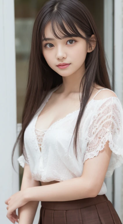smile、RAW photo、(((ultimate beauty portrait)))、((glowing skin))、1 girl、15 year old beautiful girl from Prague、bright look、((brown hair))、(cleavage)、(flare skirt:1.5)、((Big eyes that shine like jewels))、shiny, glowing skin、(medium hair)、(silky ponytail hair)、( Are standing)、(from below)、under the skirt、(from below下着の接写)、eyeliner、beautiful bangs、hair between eyes、((masterpiece、最high quality、Super detailed、film light、intricate details、High resolution、very detailed))、detailed background、8KUHD、Digital single-lens reflex camera、soft light、high quality、film grain、Fujifilm XT3 、shallow depth of field、natural soft light、Kamimei、rich bust、Cafe