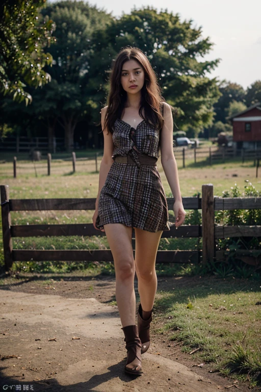 top Quority, tmasterpiece, 超高分辨率, (realisticlying: 1.4), RAW photogr, solo girl, Brown dark hair, farm, dramatic lighting, Full body photo, cowboy dress