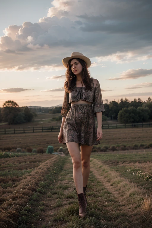 top Quority， tmasterpiece， 超高分辨率， （realisticlying： 1.4）， RAW photogr， solo girl， Brown dark hair， farm， dramatic  lighting， Full body photo， cowboy dress 
