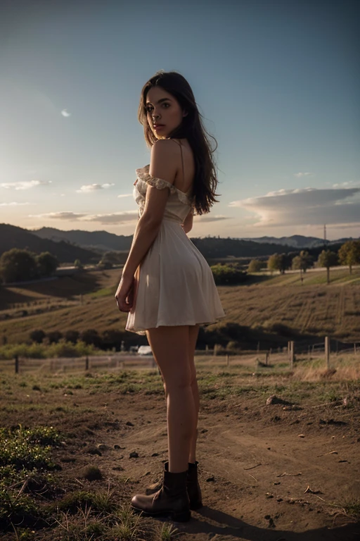 top Quority， tmasterpiece， 超高分辨率， （realisticlying： 1.4）， RAW photogr， solo girl， Brown dark hair， farm， dramatic  lighting， Full body photo， cowboy dress 