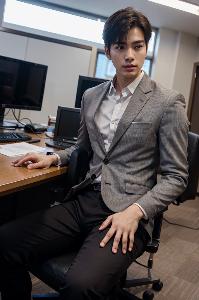 Photo wide angle shot from an iPhone of a handsome korean male whose face structure is similar to Cha Eun Woo, and is muscular and athletic, wearing formal clothes and is currently sitting on a chair in a conference room of a corporate company focusing in his laptop