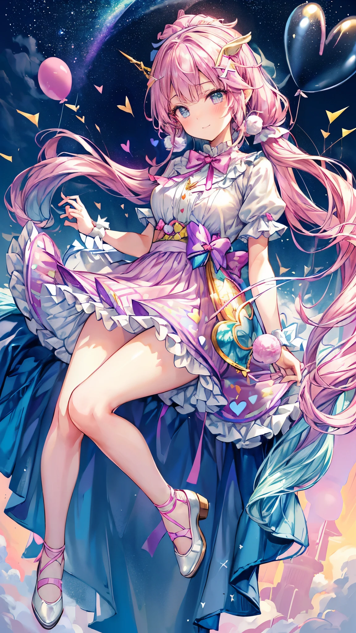 (whole body, legs and shoe visible: 1.2)) expressive eyes, 1 girl, pale skin, long hair, The wind blows hair, ((absurdly long hair)), Long side lock, hime bangs, Hairline, bun, ((Very long double ponytail)), rainbow colored hair, light pink hair, blush, full face blush, big sparkling lilac colors eyes, (gradient eyes), Open your mouth and smile, Lovely pose, ((holding balloons : 1.3))
((Lovely and pastel fashion)) ((🦄🎠🎈🎉 theme : 1.4)) Flowing soft dress, ((Fantasy colorful open dress)), (Floating ribbons), lavender ruffles, pink ruffles, (Light blue lace), detached short sleeves, Puffy skirt,White silk pantyhose ((Rainbow and star print skirt : 1.3)), Lolita skirt, Purple bow, ((Pompom ribbon hair ornament : 1.4)), Multi-bow, striped lace stockings, (Heart形腿吊袜带), Lovely (lilac colors) shoe ((Super detailed clothing and fashion)) looking at you, Vintage girl, blush, (Beautiful and delicate eyes), (Extremely detailed CG unified 8k wallpaper) (best shadow), ((extremely delicate and beautiful)), (detail light), ((depth of field)) Big head, sparkling big eyes, Cute, splash art, Cinema lighting, Front view, Volumetric lighting maximalist photo illustration k resolution high resolution intricate details complex key visual precise linear
((Against the background of a dreamy soft sky, Surrounded by sunset clouds, meteor, castle in the clouds)) ((Super detailed scenery, Fog clouds, suspended by balloons, Heart : 1.3))
