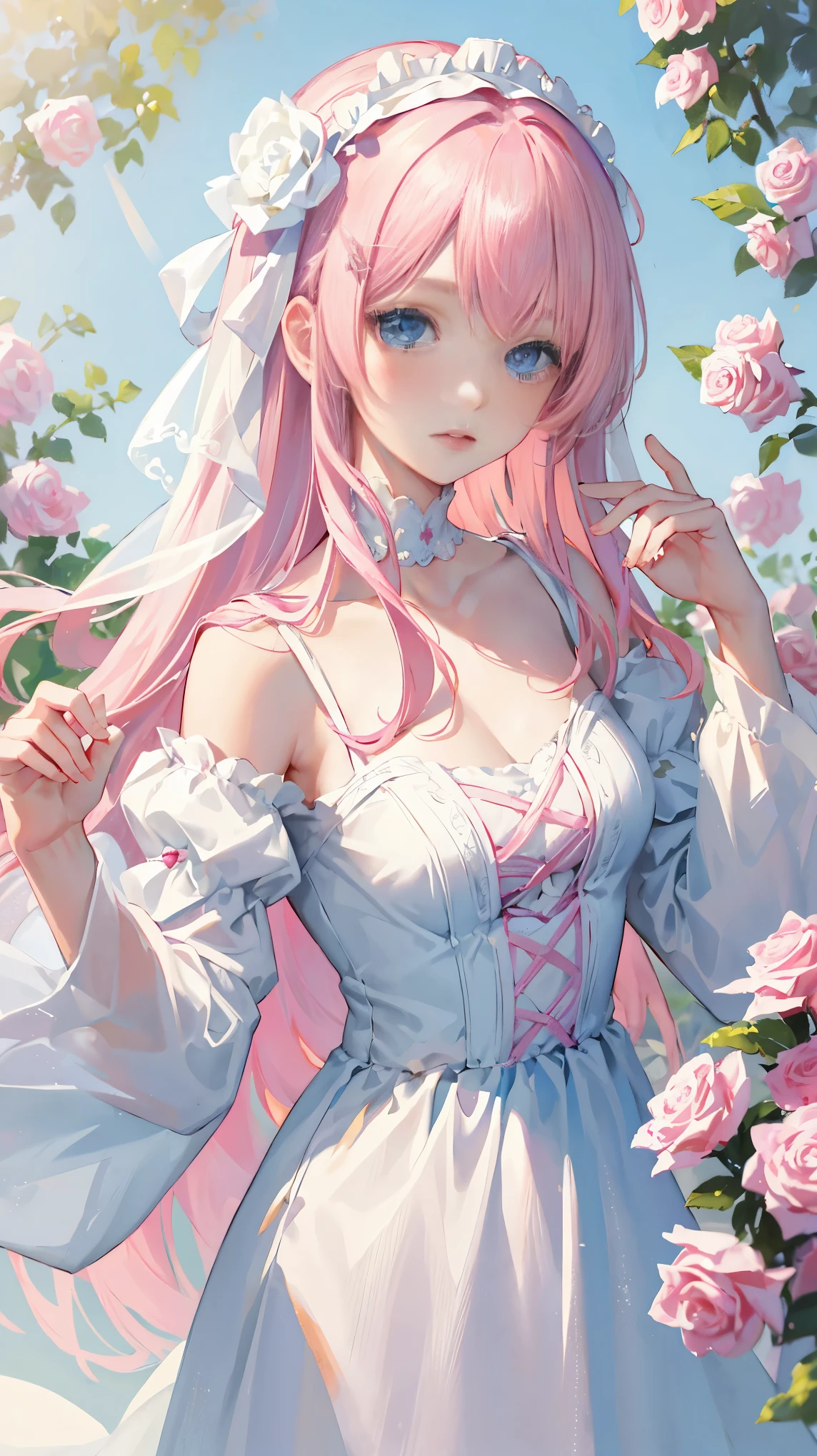 ((masterpiece)), high quality, super detailed, pink hair + White clothes: 1.2, sweet and delicate girl, Exquisite facial features, Perfect body, surrounded by roses, Bright and bright colors, pearl white background, Romantic long hair, Natural light, warm and sweet, blue eyes, flower hair accessories.