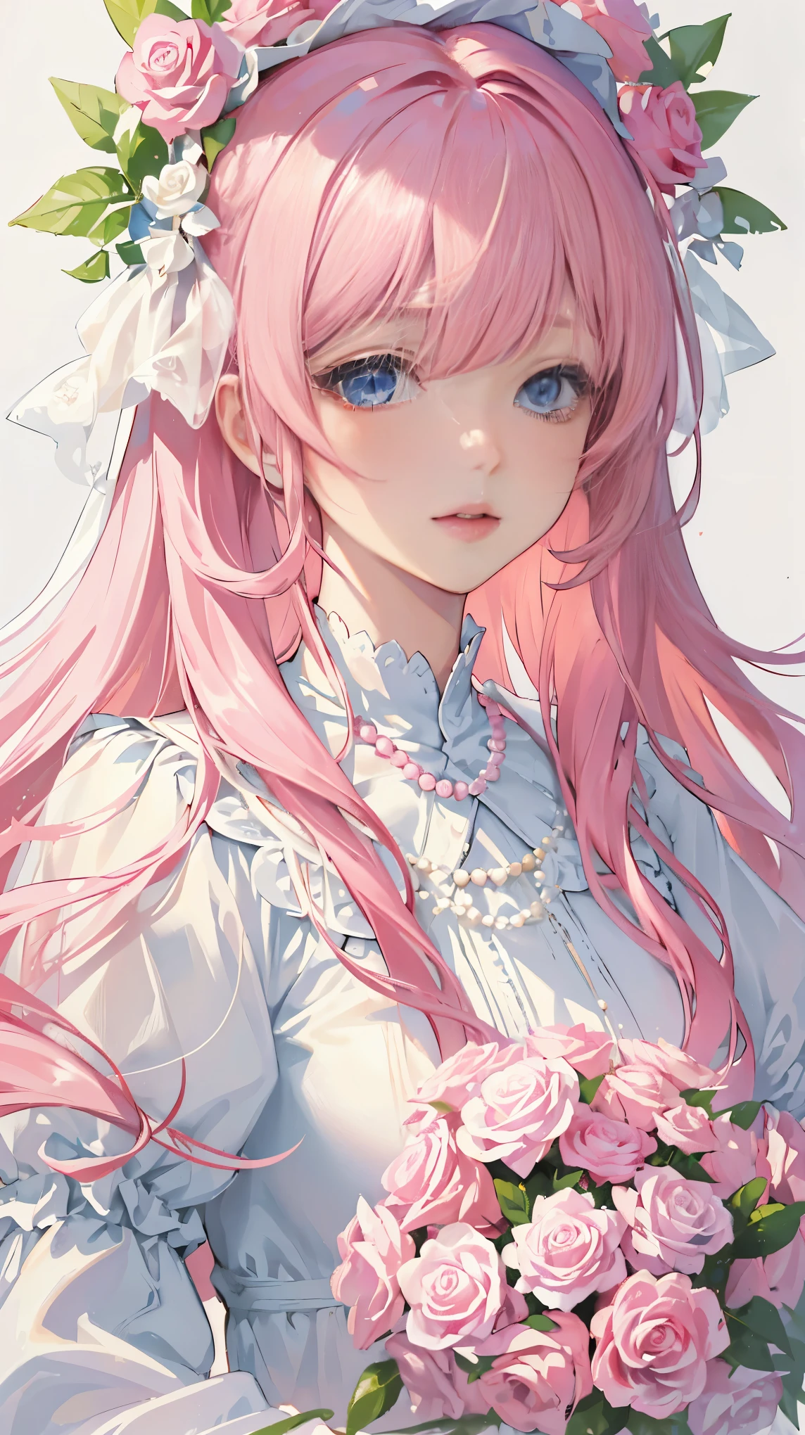 ((masterpiece)), high quality, super detailed, pink hair + White clothes: 1.2, sweet and delicate girl, Exquisite facial features, Perfect body, surrounded by roses, Bright and bright colors, pearl white background, Romantic long hair, Natural light, warm and sweet, blue eyes, flower hair accessories.