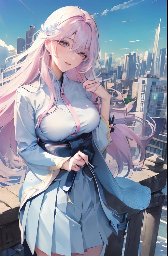 official art, masterpiece, sharp focus, (beautiful gorgeous cute Korean woman:1.3), (beautiful cute korean:1.3), korean beauty, Delicate and beautiful hair and eyes and face, realistic, ultra detailed, beautiful girl, blue sky, glow white particle, (sidelighting:1.2), sun light, white cloud, detailed clouds, slender, Lovely very large breasts and very large hips, smile with teeth, ((smile with eyes, open both eyes)), scenery, long straight hair, sexy facial expression, building, (cityscape:1.7), dynamic hair, long straight hair, detailed platinum pink hair, glow blue eyes, (blue pleated shirts + white skirt), white long socks, pale skin, hair ornament, epic scenery,