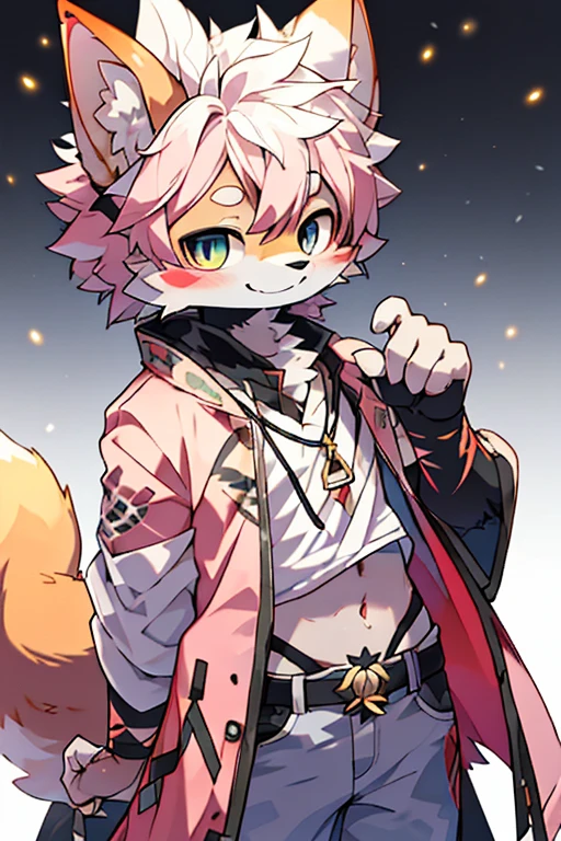 The lighting is perfect，light particles，（best quality），（masterpiece），（Super detailed），sharp focus，light particles，Pink fox，White clothing，White pattern，succubus tattoo_exist肚子上，navel-baring outfit，Negi，Eyegod，blue_Eye，watching_exist_audience，Smile，alone，hairy，animal_ear_fluff，Open_clothing，Golden necklace，demon