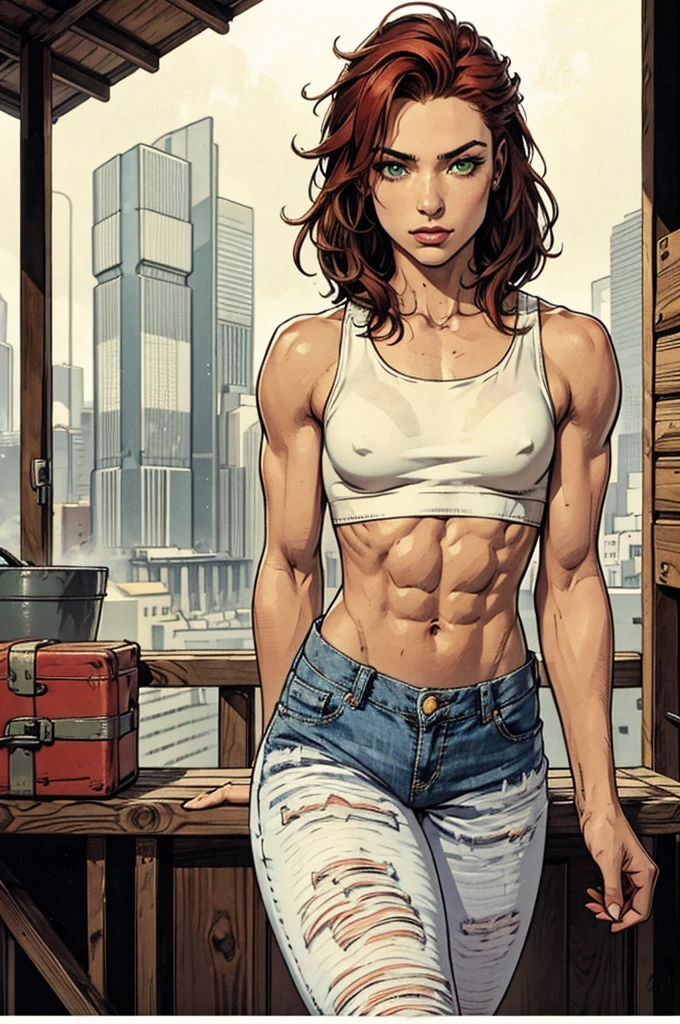 cute girl. shy pose. sexy body shape. white tank top. mini skirt jeans. on her daily life outdoor activity. Very beautiful girl. strong arms, muscular thighs, ripped muscles, six pack abs, muscle arms, muscular, flat chest, Caucasian, tomboy, slender, short messy fiery red hair, green eyes