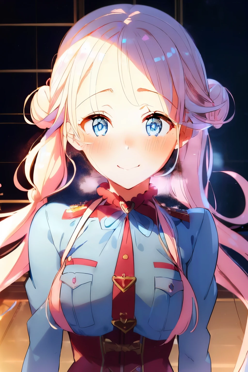 (1girl, solo), pink hair, blue eyes, bangs, braid, hair buns, twintails, twin braids, (blue eyes:1.5), long hair, (small breast:1.2), (hair ribbon, Red Outfit, military uniform, military,) looking at viewer, crazy smile, blush, indoor, (masterpiece:1.2), best quality, high resolution, unity 8k wallpaper, (illustration:1.5), anime style, (beautiful detailed eyes:1.6), extremely detailed face, perfect lighting, extremely detailed CG, (perfect hands, perfect anatomy), (dynamic pose, dynamic angle:1.1), red heart brooch, jewelry,