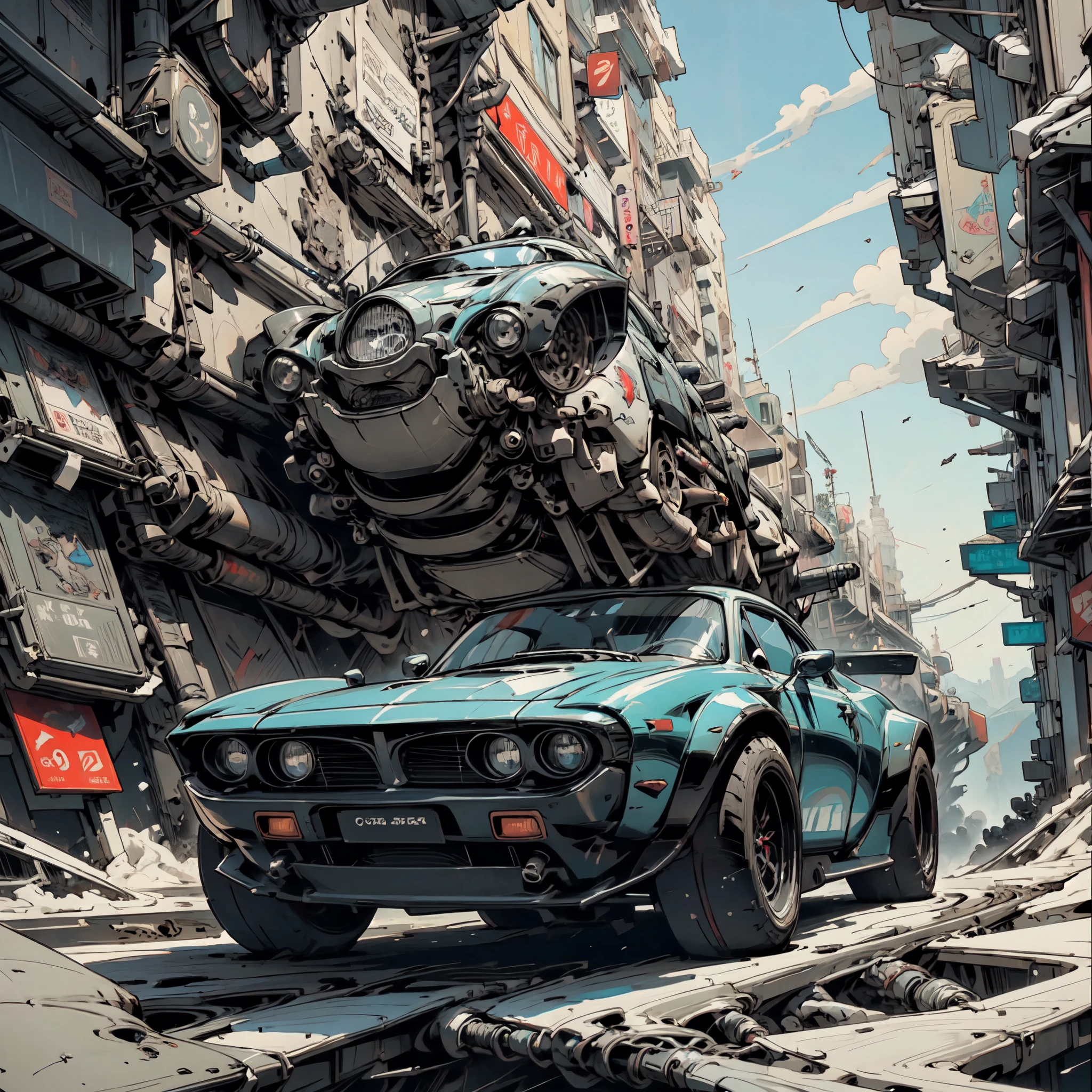 Cool sports cars - post-apocalypse, cyberpunk. Geometry. Highest quality, masterpiece. Image of sports cars. 3D rendering, visualization of a composition from complex fractals. Fantastic composition. Scenery for a science fiction film. Stylization Anime, cyberpunk, comics. The image is stylized as a hand-drawn comic book. Clear graphic outline, color fill. Depth of colors, warm light, cold shadows. Technological forms, cybernetics, electronics, wires. High image quality, 8K | Ultra HD | Full HD, cinematic comic book, 3D _in comic style - linear stroke, color fill, high-quality stroke - a masterpiece, TOP computer graphics ART. 8K, dark lighting, strong shadow. (vivid, anime, comic, creative, sharp focus, 8K).