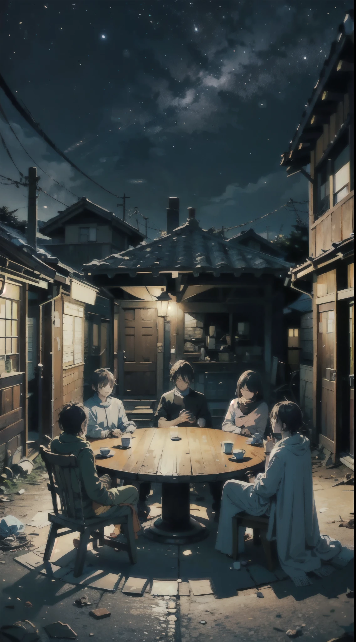 10 people、sitting around a round table、squinting、Sleep on your tummy、Dilapidated house、night
