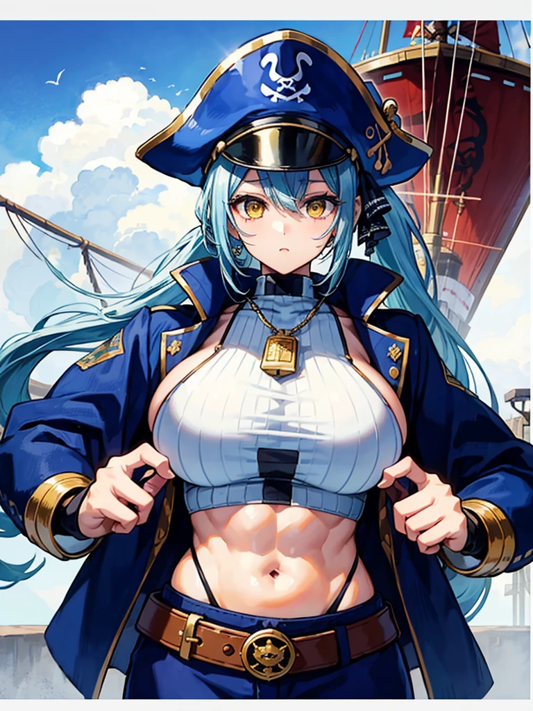 (((masterpiece、Highest image quality、highest quality、highly detailed unity 8kwallpaper)))、((Illustration of one girl、upper body))、(((beautiful girl)))、(female pirate)、(Light light blue hair、short ponytail:1.2、yellow eyes)、((tall))、(((muscle girl, muscle, bulky figure, massive frame, thick neck, sturdy arms, powerful legs)))、(captain's suit、Pirate hat、Blue coat)、Pirate ship deck