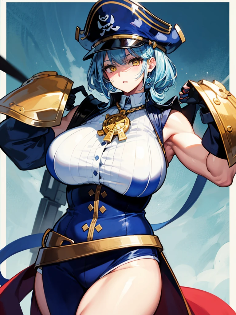 (((masterpiece、Highest image quality、highest quality、highly detailed unity 8kwallpaper)))、((Illustration of one girl、upper body))、(((beautiful girl)))、(female pirate)、(Light light blue hair、short ponytail:1.2、yellow eyes)、((tall))、(((muscle girl, muscle, bulky figure, massive frame, thick neck, sturdy arms, powerful legs)))、(captain's suit、Pirate hat、Blue coat)、Pirate ship deck