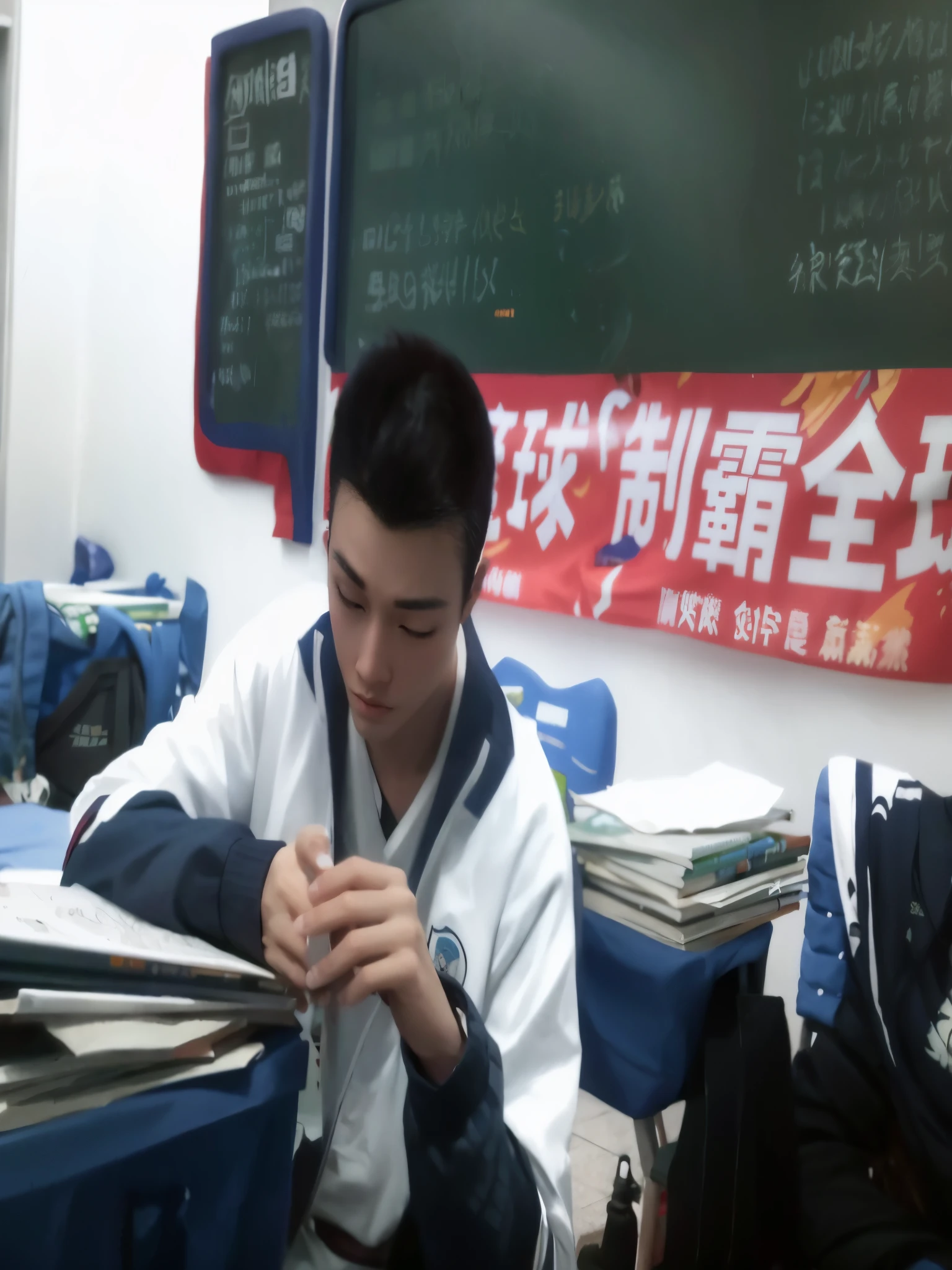 There is a man sitting at the table，Holding a laptop in hand, teacher, Li Zixin, jinyiwei, lu ji, inspired by Zhang Zongcang, in the classroom, in school classroom, yihao ren, wenjun lin, zezhou chen, wu liu, Lei Min, Inspired by Wen Zhenheng, 坐in the classroom, yang qi