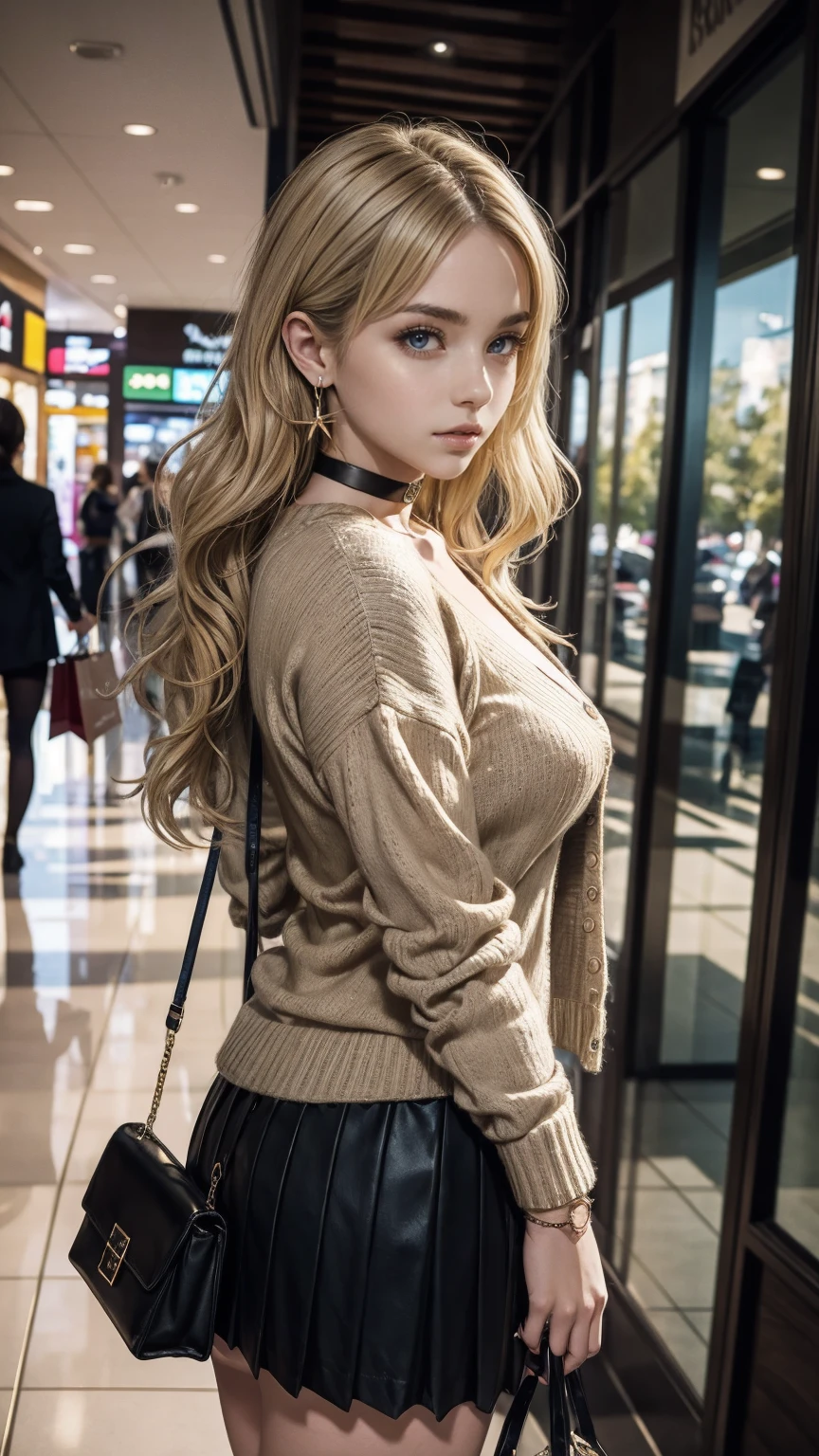 highest quality、masterpiece、ultra high resolution、22 year old white female、hair color is blonde、medium long hair、my hair is wavy、Eye color is blue、setting hair、accessories on wrist、wearing manicure、I&#39;m wearing a choker、I&#39;m wearing earrings、skin is smooth、Slender but muscular body、My heart is pounding、high resolution、wearing a high neck sweater、wearing a cardigan over one&#39;s shoulders、I&#39;m wearing a mini-length pleated skirt、carrying a handbag over the shoulder、wearing high heels、I&#39;m in the atrium of a shopping center.、leaning against a column in the hall、Waiting、Operating a smartphone、looking at smartphone