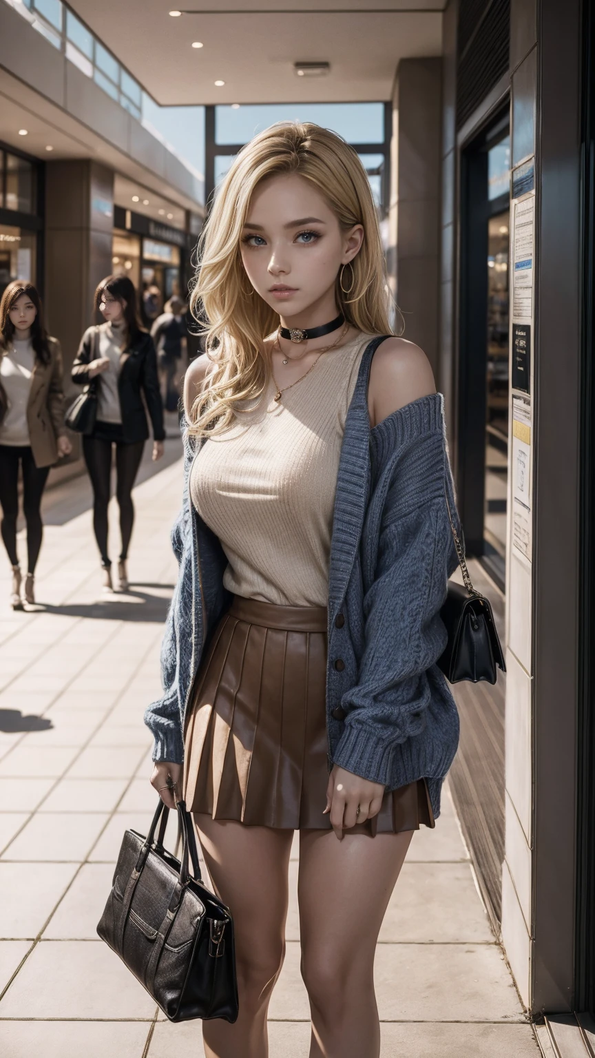 highest quality、masterpiece、ultra high resolution、22 year old white female、hair color is blonde、medium long hair、my hair is wavy、Eye color is blue、setting hair、accessories on wrist、wearing manicure、I'm wearing a choker、I'm wearing earrings、skin is smooth、Slender but muscular body、My heart is pounding、high resolution、wearing a high neck sweater、wearing a cardigan over one's shoulders、I'm wearing a mini-length pleated skirt、carrying a handbag over the shoulder、wearing high heels、I'm in the atrium of a shopping center.、leaning against a column in the hall、Waiting、Operating a smartphone、looking at smartphone