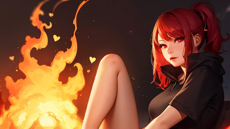 (Best quality, 4K, a high resolution, masterpiece: 1.2), (Heart: 1.2), One girl, with red short wavy hair with ponytails, Detailed red eyes, sits upright, feet forward, bare legs, you can see the whole body from head to toe, wears a dark black oversized long hoodie, without pants, elegant bare legs in white socks out of focus , ultra detailed, Realistic: 1.37, portraits, Dark Fantasy, soft lighting, Beautiful detailed eyes and lips, abstract dark black background of many red hearts, Smoke, pop-art, lava, Explosions, monsters