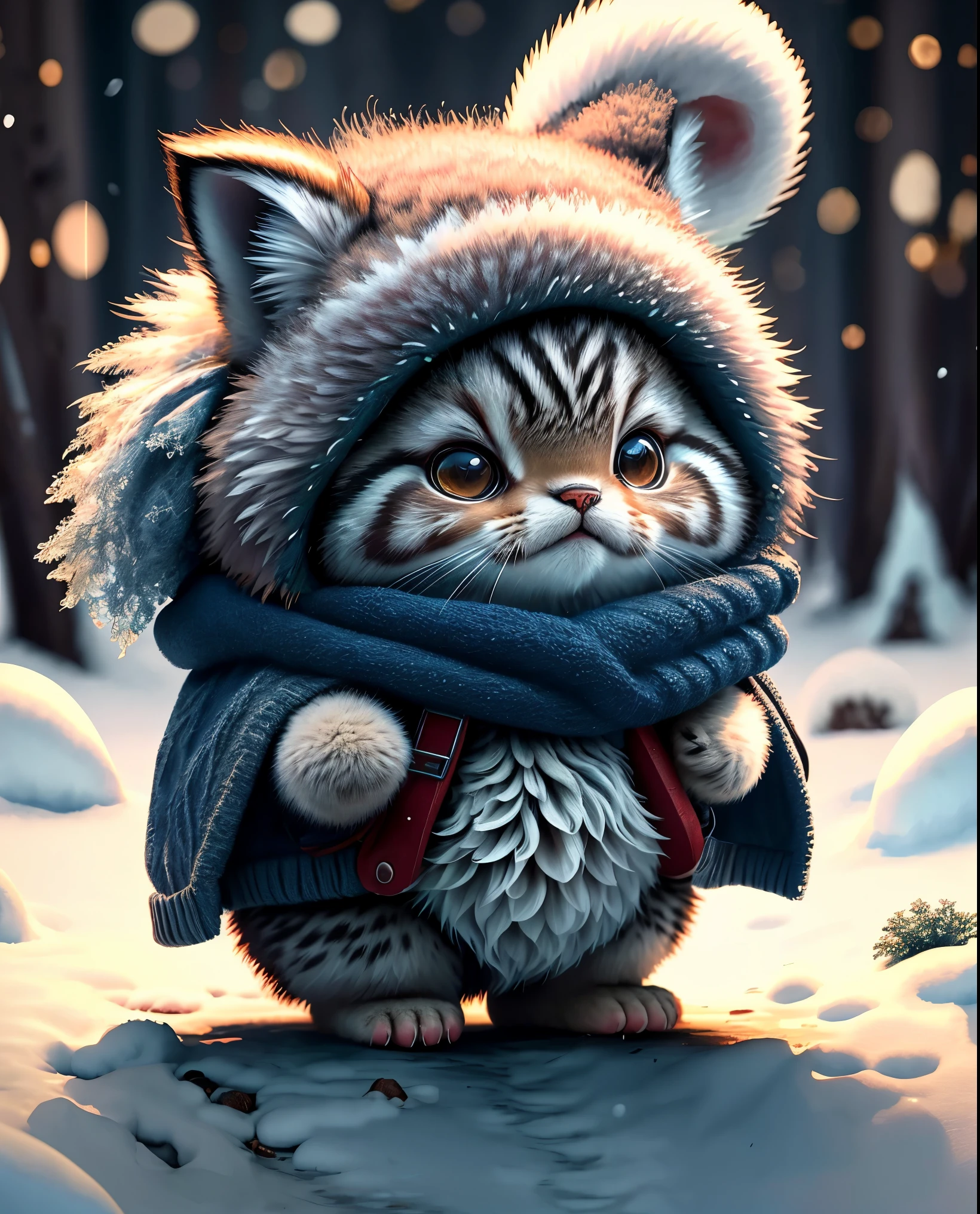 best image quality、"cute生き物の傑作を作成する.、（winter）Manul cat, high detail, In 8K、best image quality、Dressed as an adventurer、Bogan in hand、Video Game Hero Costume、(((cute)))、