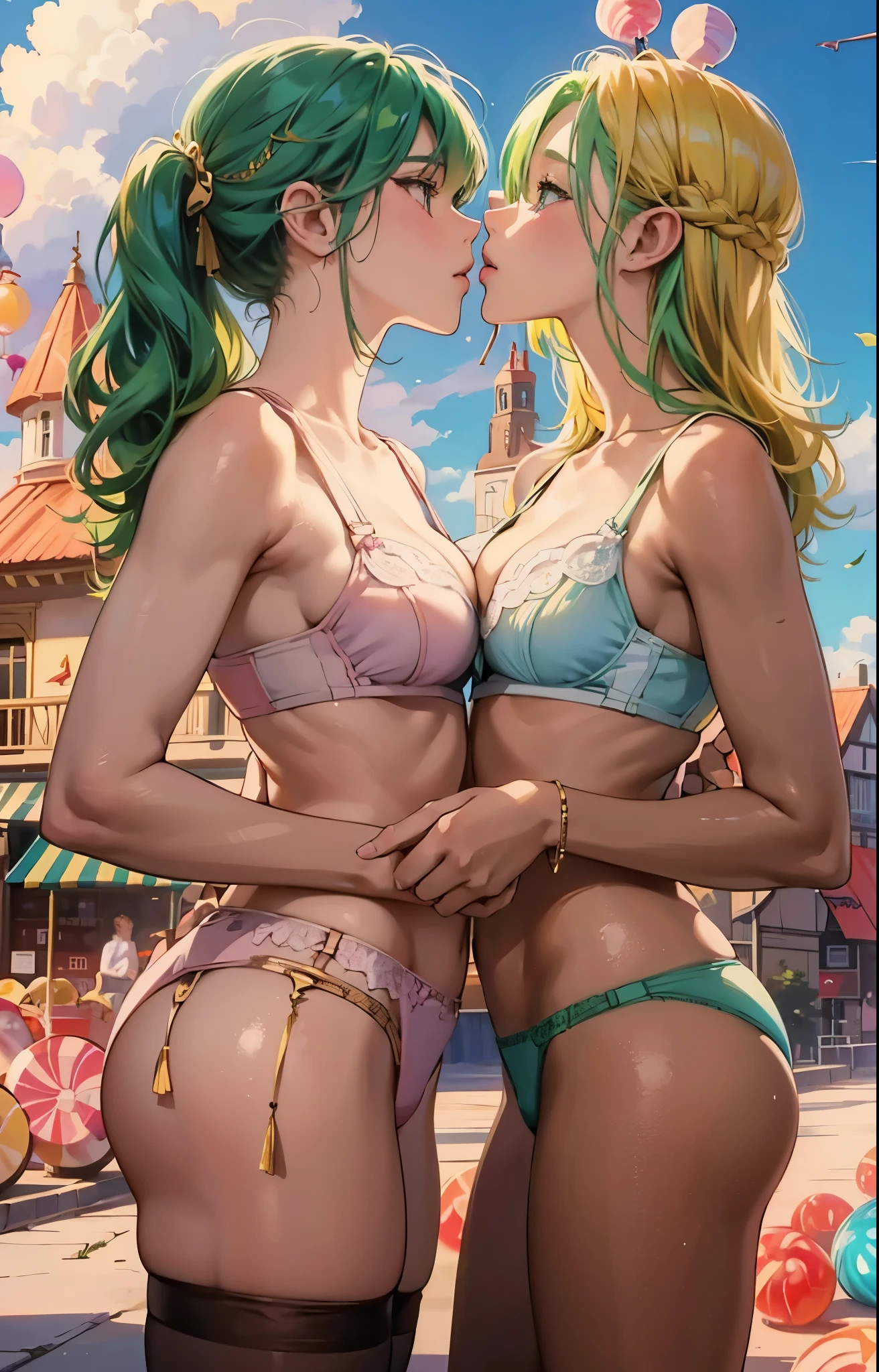 Anime oil painting of Two girls kissing, woman's underwear, Candy town with big candies background, 4k, HD, so many details, vibrant colors, intense colors hairs, hairs styles so really different, the girl of the right have gold hair and the girl of the left have green hair, vibrant colors environment (mastepiece) 4k, so many details,