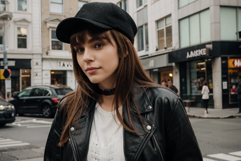 a woman wearing a black hat and a black jacket and a red purse, blonde hair with full bangs, long bangs, cool style, long hair with bangs, she wears leather jacket, dreamy rock girl, wearing black stylish clothing, grunge style, with bangs, cool tousled hair, badass look, wearing leather jacket, street fashion clothing, hip emo fashion, beautiful woman, perfect face, beautiful smile