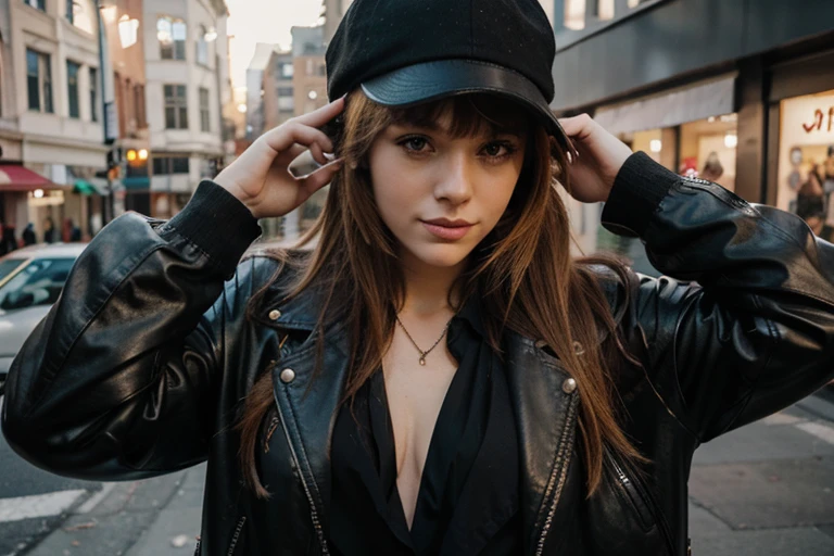 a woman wearing a black hat and a black jacket and a red purse, blonde hair with full bangs, long bangs, cool style, long hair with bangs, she wears leather jacket, dreamy rock girl, wearing black stylish clothing, grunge style, with bangs, cool tousled hair, badass look, wearing leather jacket, street fashion clothing, hip emo fashion, beautiful woman, perfect face, beautiful smile
