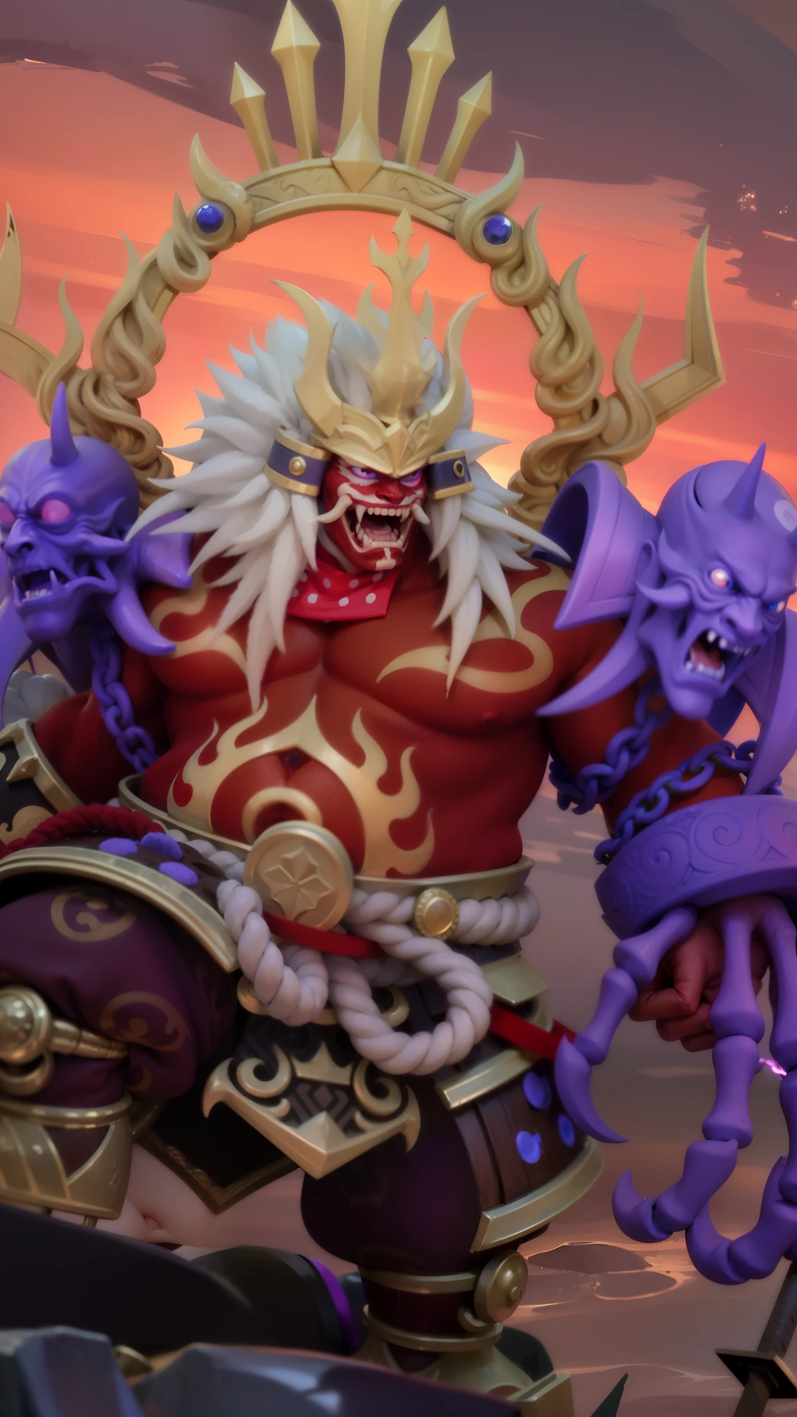 masculine male, masterpiece, ((perfect eyes)) best quality, (semirealism:1.9), beautiful lighting, (extremely detailed CG unity 4k fhd wallpaper), High Detail, Sharp focus, dramatic outdoors,40 years old, brown short hair, blue eyes, smile, Boy with two big horns, big earrings on ears, elf ear, red eyes, Thick eyebrows, evil smile, grinning,red body, red face, Burning skin, yellow diamonds glistening on chest, burning red skin,golden robe behind, big white belt , 8k , realistic, scary.