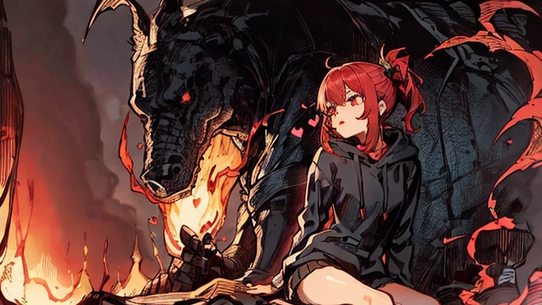 (Best quality, 4K, a high resolution, masterpiece: 1.2), (Heart: 1.2), One girl, with red short wavy hair with ponytails, Detailed red eyes, sits upright, feet forward, bare legs, you can see the whole body from head to toe, wears a dark black oversized long hoodie, without pants, elegant bare legs in white socks out of focus , ultra detailed, Realistic: 1.37, portraits, Dark Fantasy, soft lighting, Beautiful detailed eyes and lips, abstract dark black background of many red hearts, Smoke, pop-art, lava, Explosions, monsters