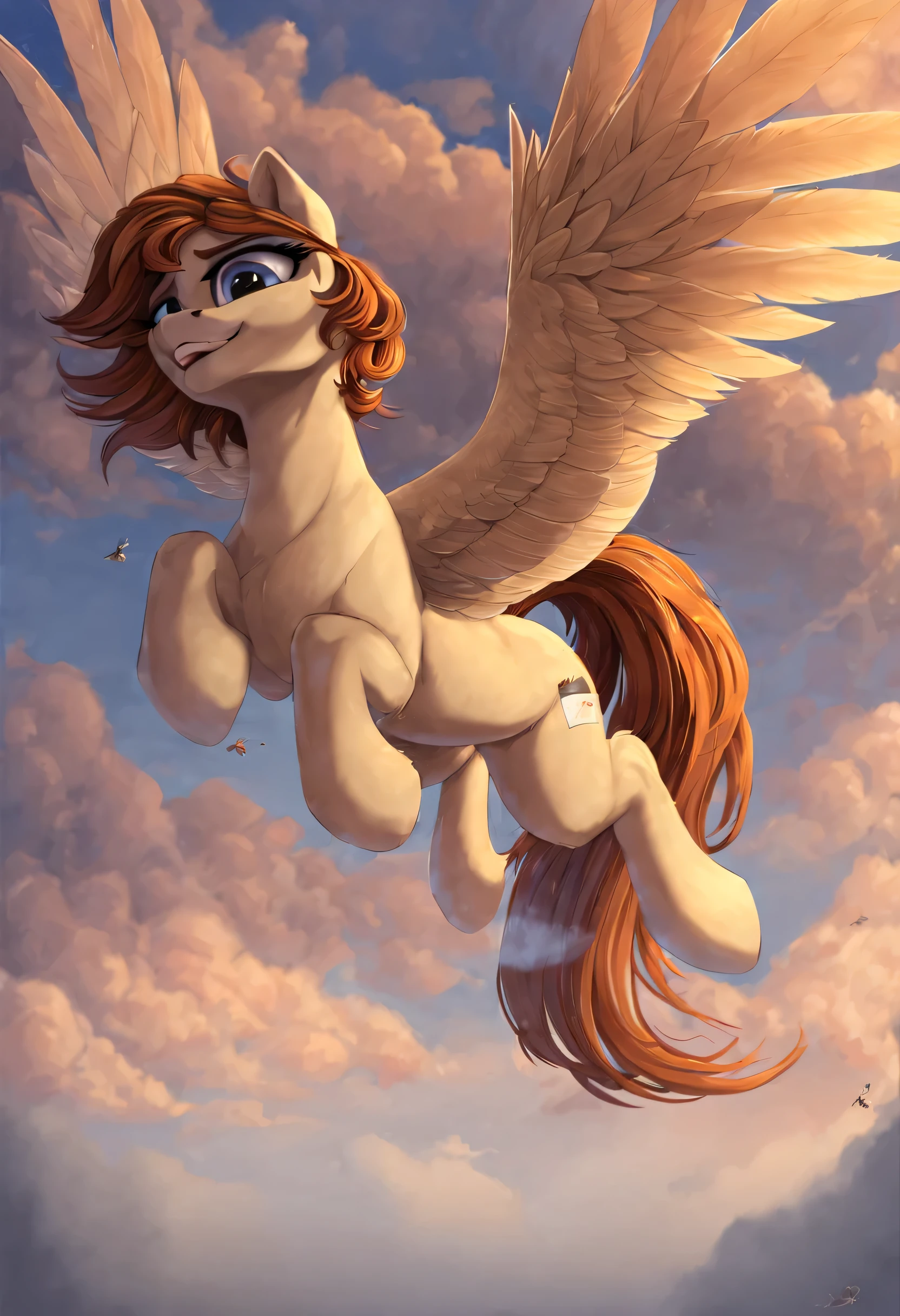 (photorealistic:1.3), hyperphotorealistic, check_9,, female, [feral furry pony], Random pose, Relaxed body, body in the air, ((body face down)), ((falling in sky pose)), lifting arms, )legs lifted up), female solo, [(pony, short hair, [Wavy hair], Thick hair, two tone hair, sandy brown hair color, Grey eyes, A long tail)], pegasus, wings, (symmetric), highly detailed, (Best quality), Beautiful and detailed face, high_cut, detailed, masterpiece, (cartoony), (Best quality), anatomically correct, Pure detailed art, [Author: Daggers|and so on:0.5], (Author: Foxov|Author: personalami), [(from Einshelm|volume_fish stream)], [background; ((simple background)),