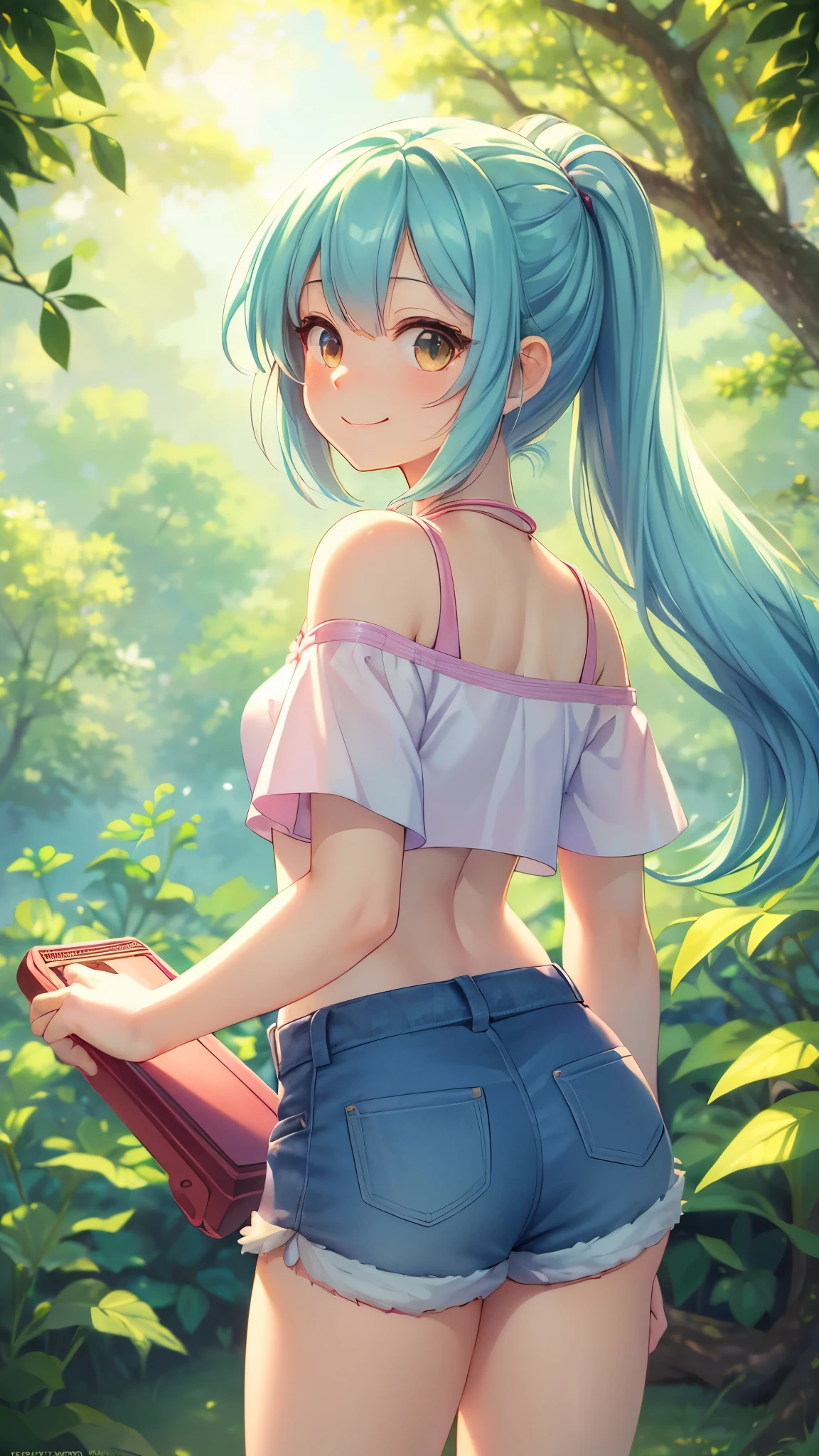 (highres,masterpiece:1.2),detailed,1_girl waifu, playing handheld,wearing offtheshoulder shirt,mini shorts,portraits,anime style,vibrant colors,pastel color palette,warm lighting,blurred background,greenery in the background,breezy atmosphere,relaxed expression,bright eyes,happy smile,flowing hair,soft sunlight filtering through the leaves, back view